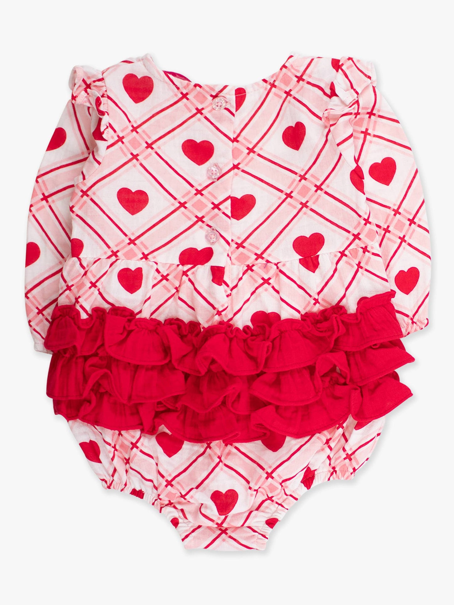 Baby Girls Pink Sweetheart Plaid Cotton Gauze Long Sleeve Flutter Bubble Romper