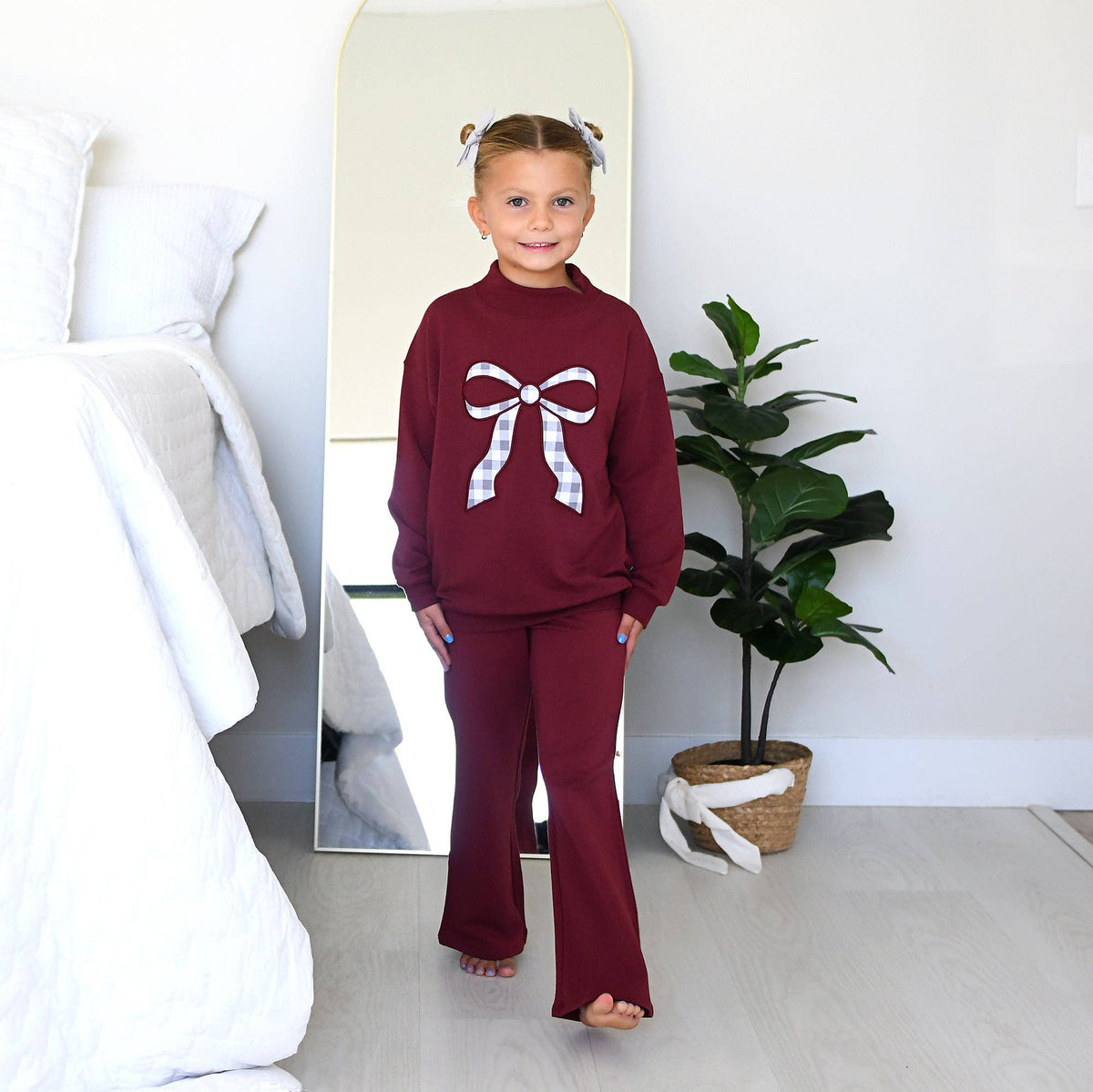 Maroon MOCKNECK FLARE SWEATSUIT Gingham Bow Kids Set