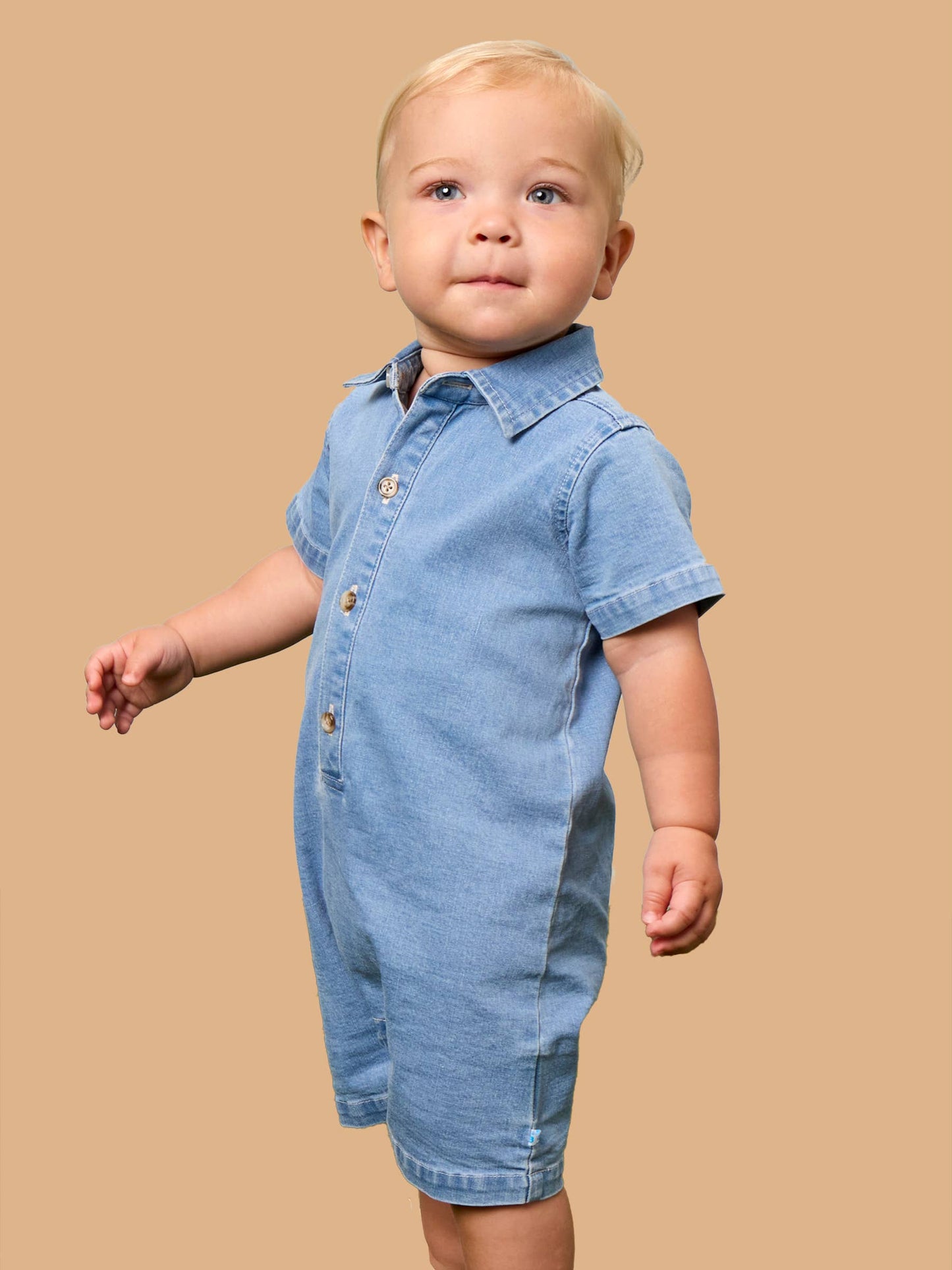 Baby Boys Light Wash Stretch Denim Short Sleeve Button-up Romper