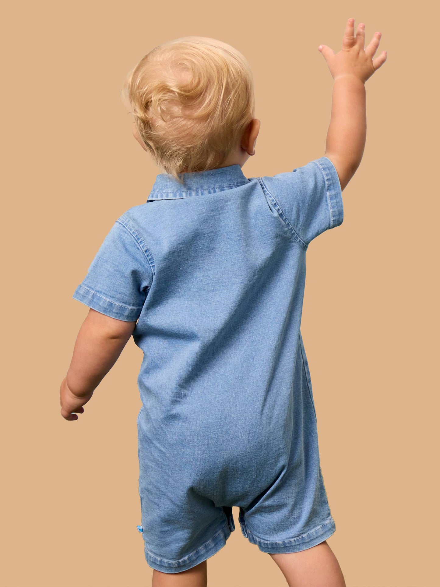 Baby Boys Light Wash Stretch Denim Short Sleeve Button-up Romper