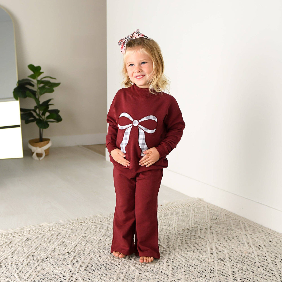 Maroon MOCKNECK FLARE SWEATSUIT Gingham Bow Kids Set