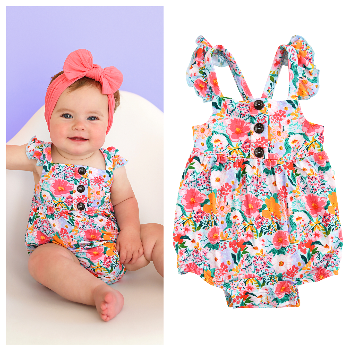 Cecelia Floral BUTTON BUBBLE Bamboo One Piece Baby Outfit