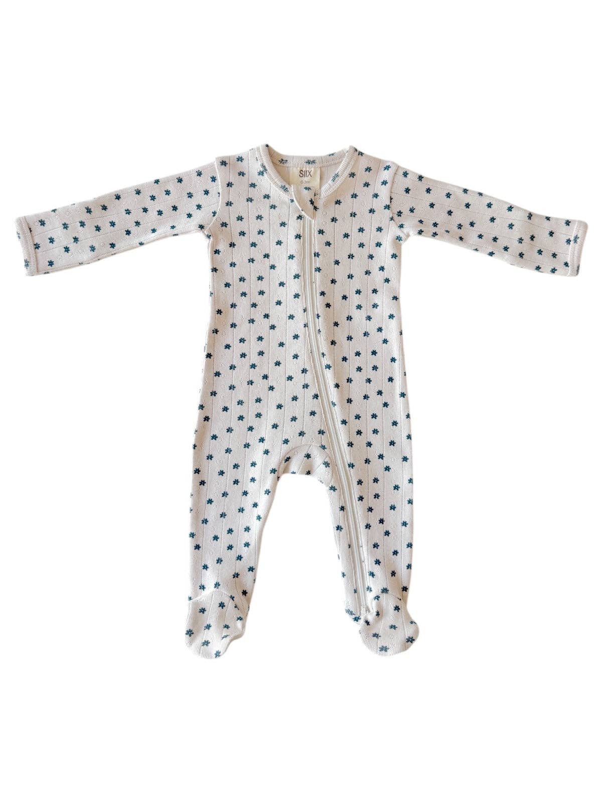 Blue Flower / Organic Pointelle 2-Way Zip Footie