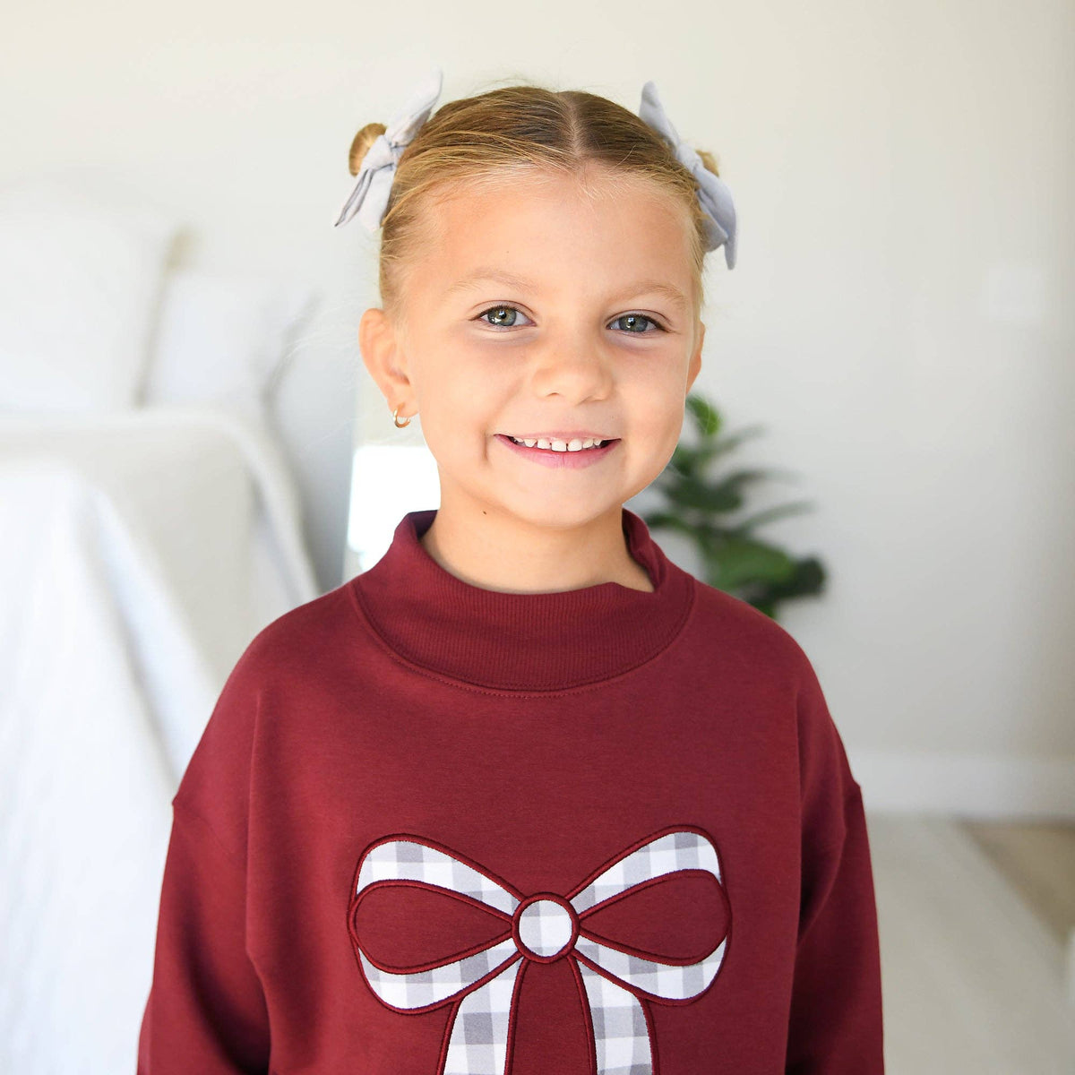 Maroon MOCKNECK FLARE SWEATSUIT Gingham Bow Kids Set