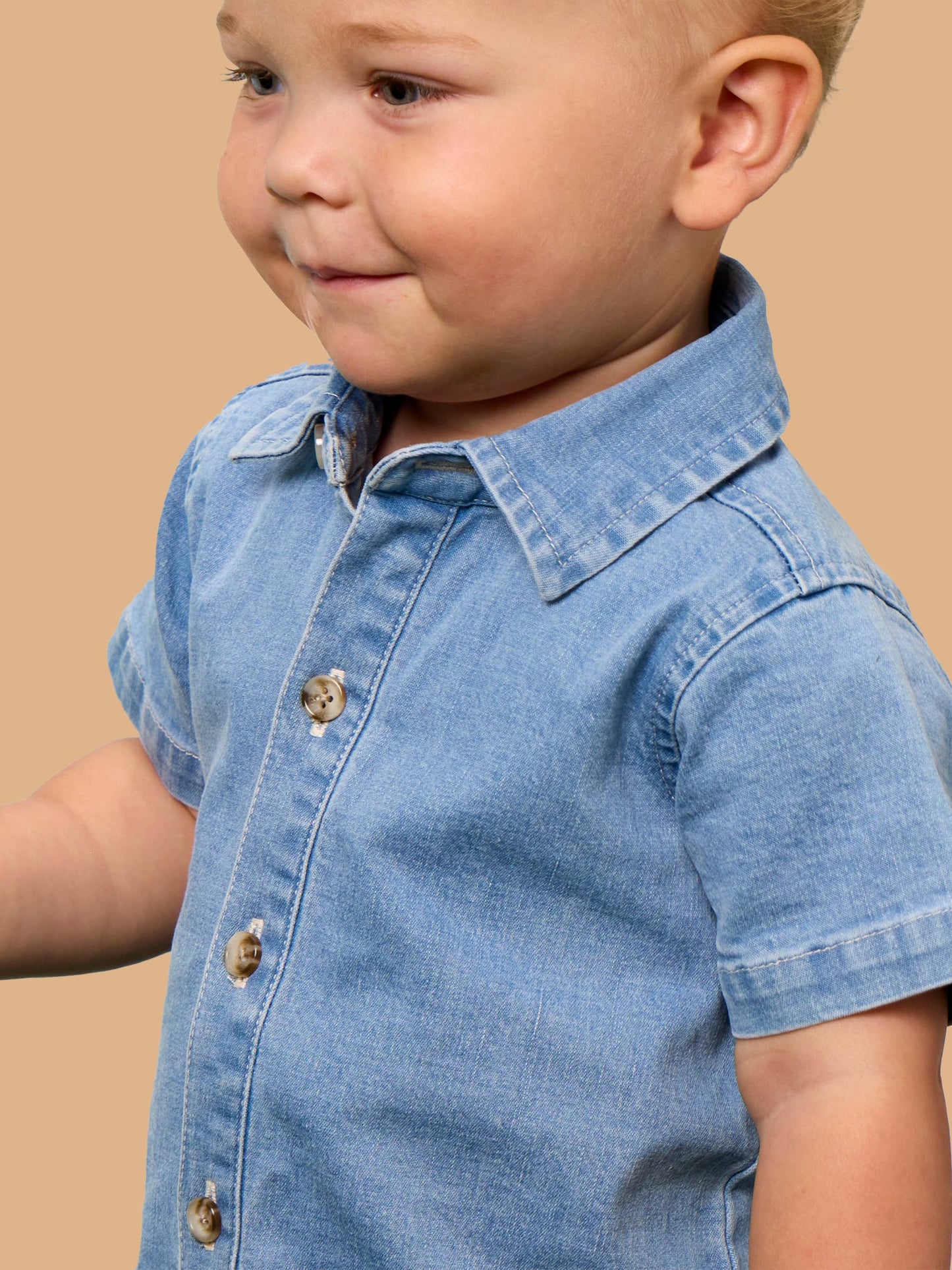 Baby Boys Light Wash Stretch Denim Short Sleeve Button-up Romper