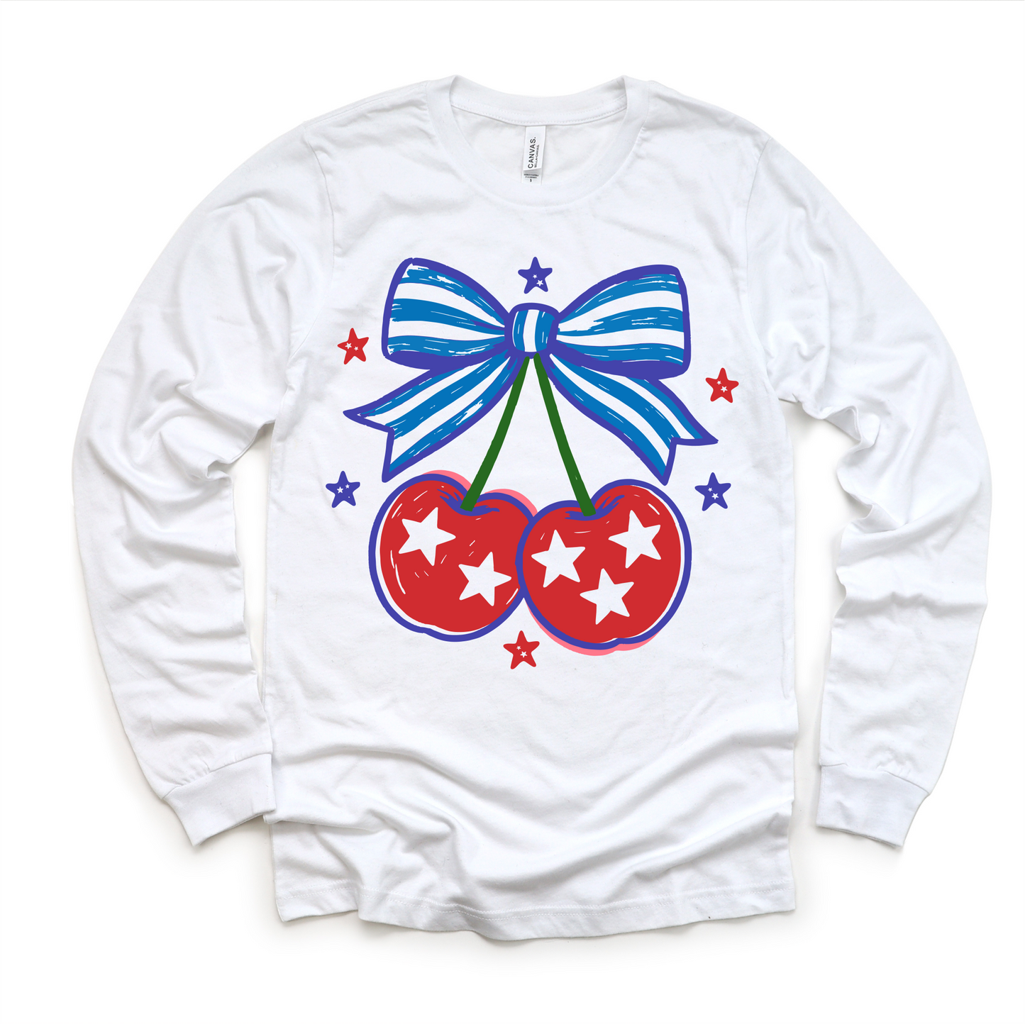 Patriotic Cherry Bow Shirt for Girls | 4th of July Kids Tee | Red White Blue Outfit | Boutique Toddler & Youth Graphic Tee