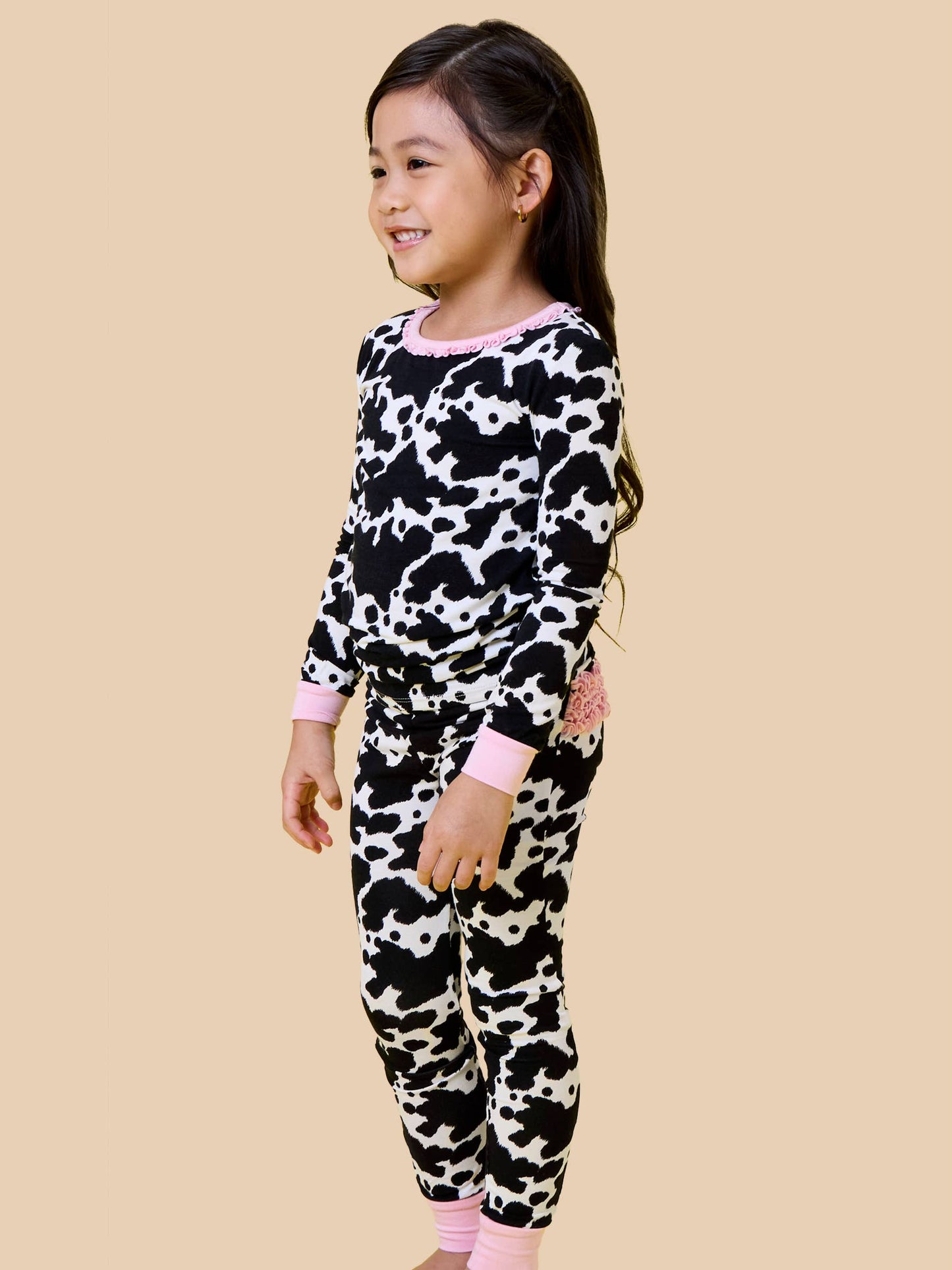 SoftSnooze™ Toddler Girls Bamboo Viscose Moo Crew Ruffle Long Sleeve Pajama Set with Signature Rear Ruffles