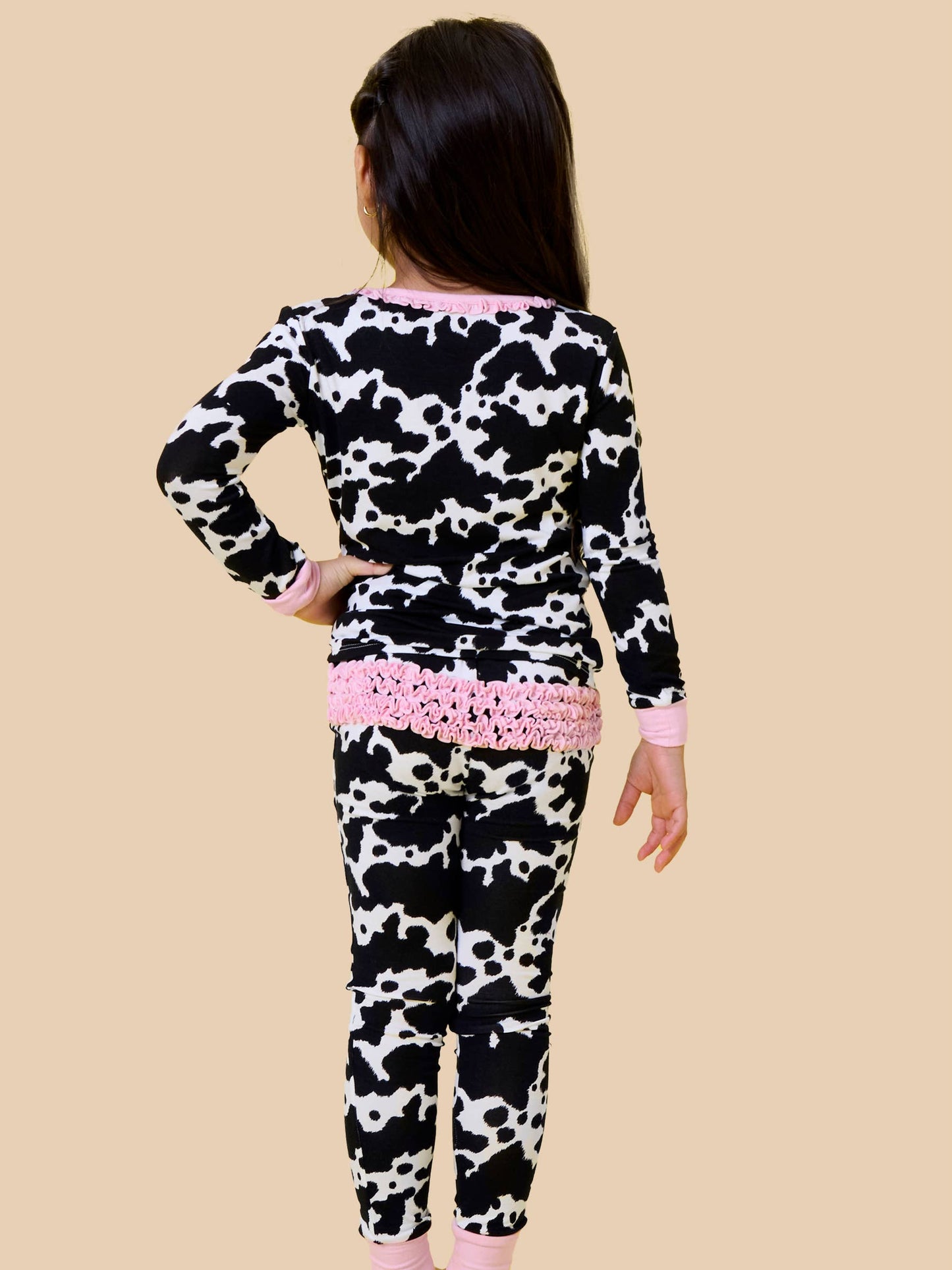 SoftSnooze™ Toddler Girls Bamboo Viscose Moo Crew Ruffle Long Sleeve Pajama Set with Signature Rear Ruffles