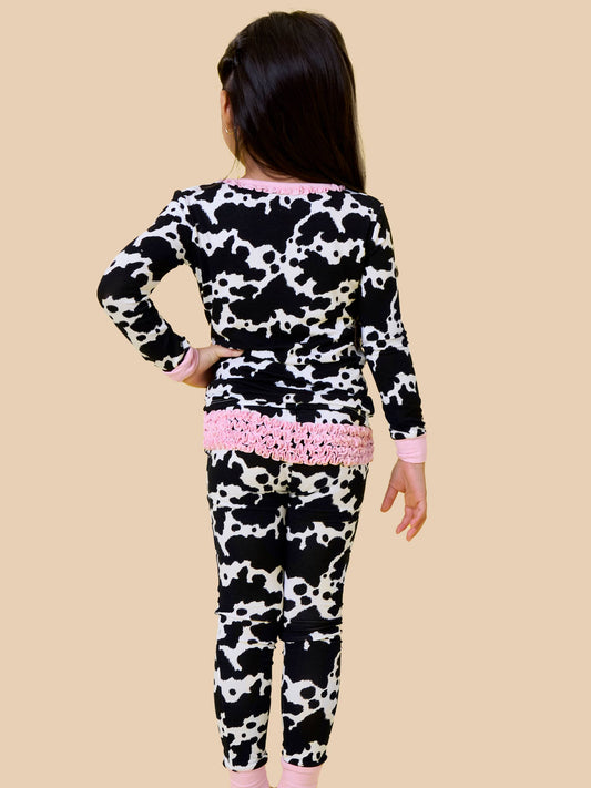 SoftSnooze™ Toddler Girls Bamboo Viscose Moo Crew Ruffle Long Sleeve Pajama Set with Signature Rear Ruffles