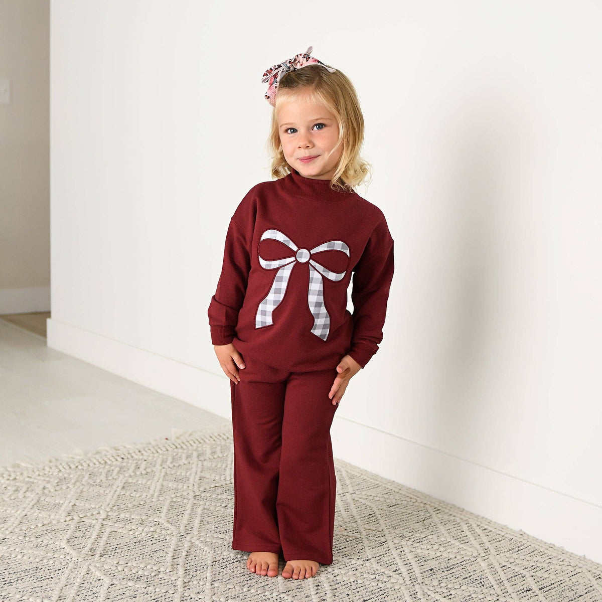 Maroon MOCKNECK FLARE SWEATSUIT Gingham Bow Kids Set