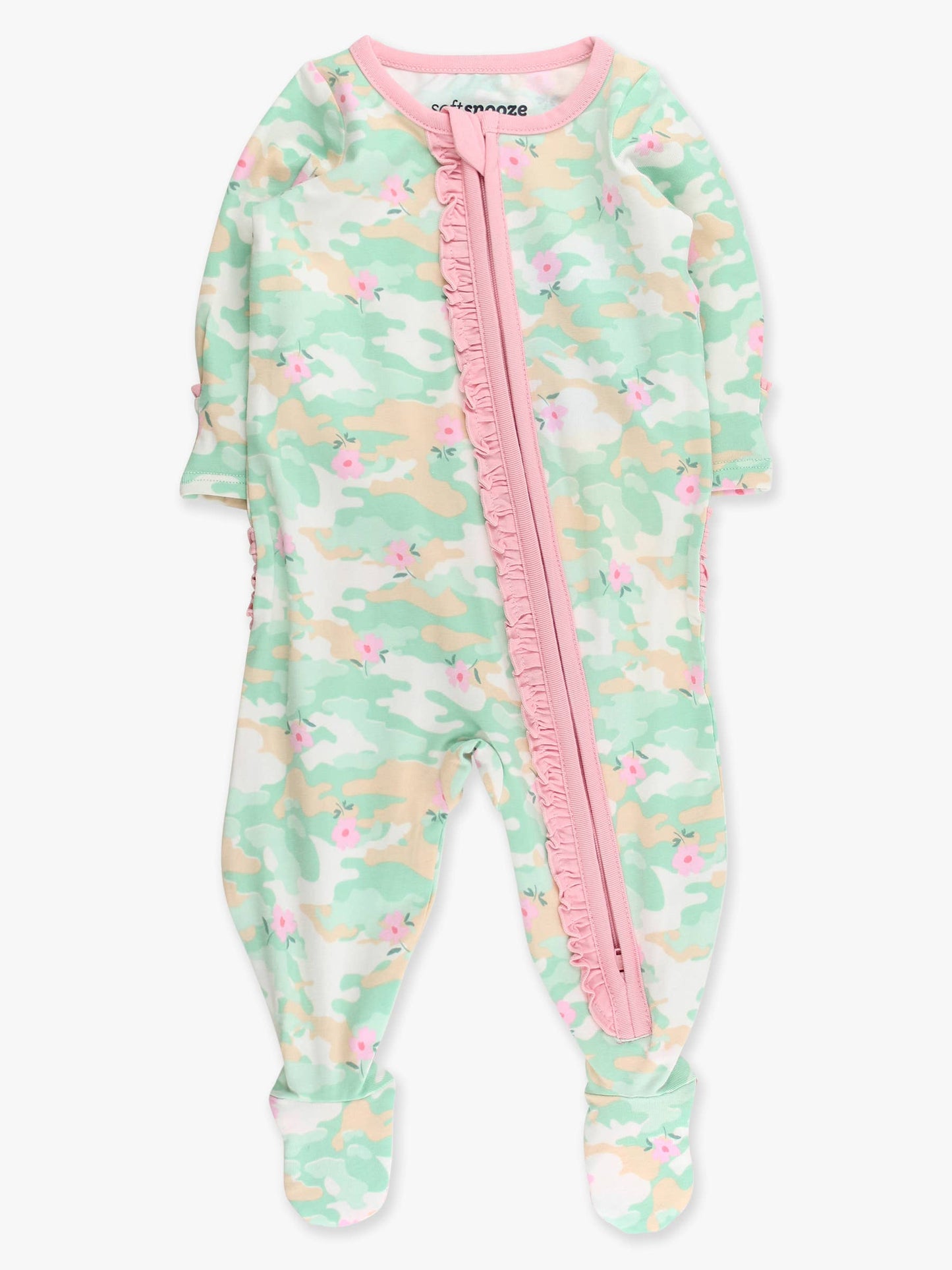 SoftSnooze™ Baby Girls Cotton Modal Sage Blossom Camo Footed Ruffle One Piece Pajama