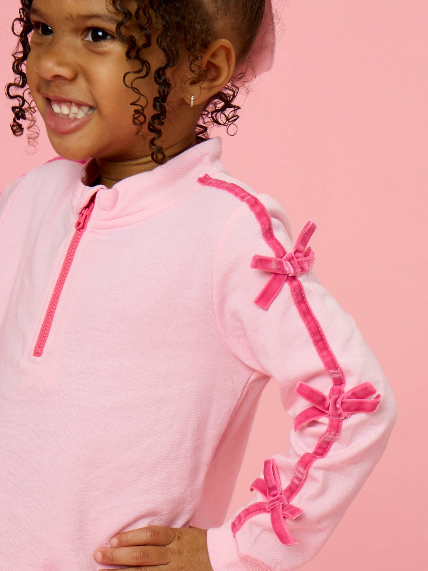 Girls Pink Fleece Bow Quarter Zip & Shorts Set