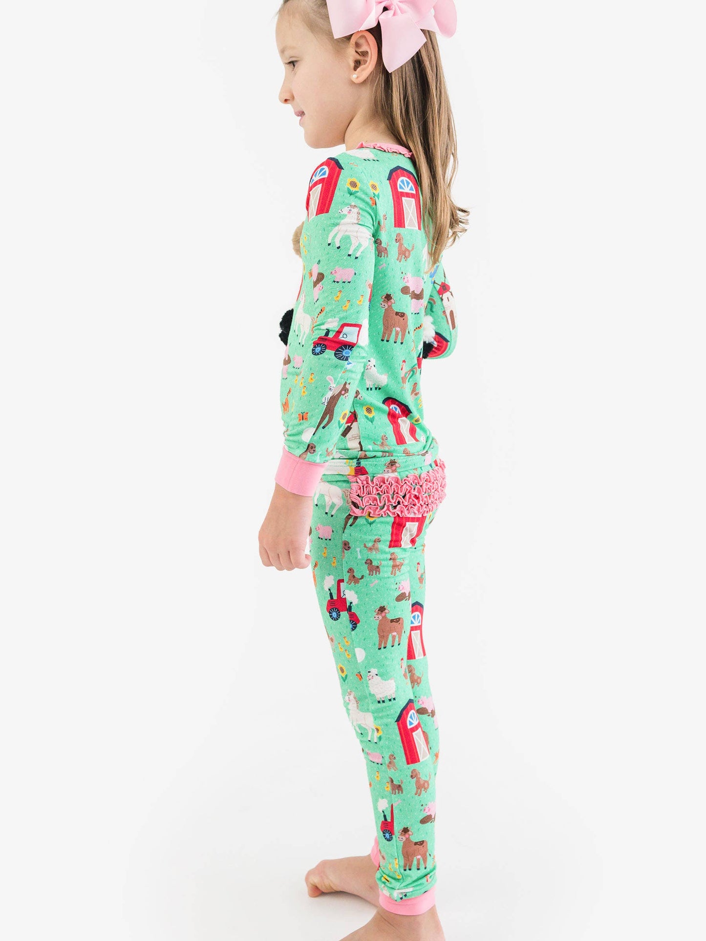 SoftSnooze™ Toddler Girls Bamboo Viscose Farm Friends Ruffle Long Sleeve Pajama Set with Signature Rear Ruffles