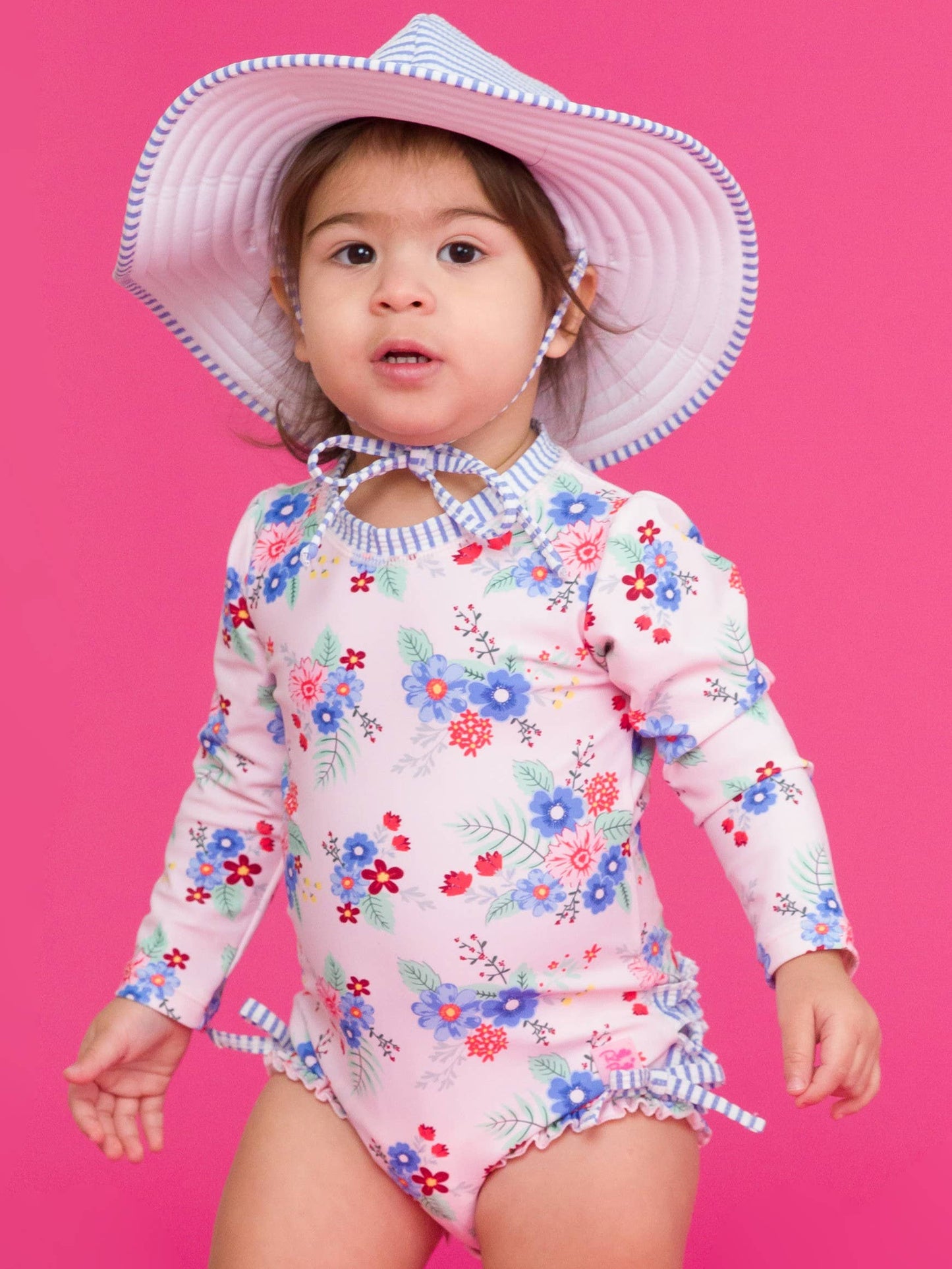 Baby Girls Coastal Breeze Floral Long Sleeve One Piece Rash Guard Swimsuit with Signature Rear Ruffles