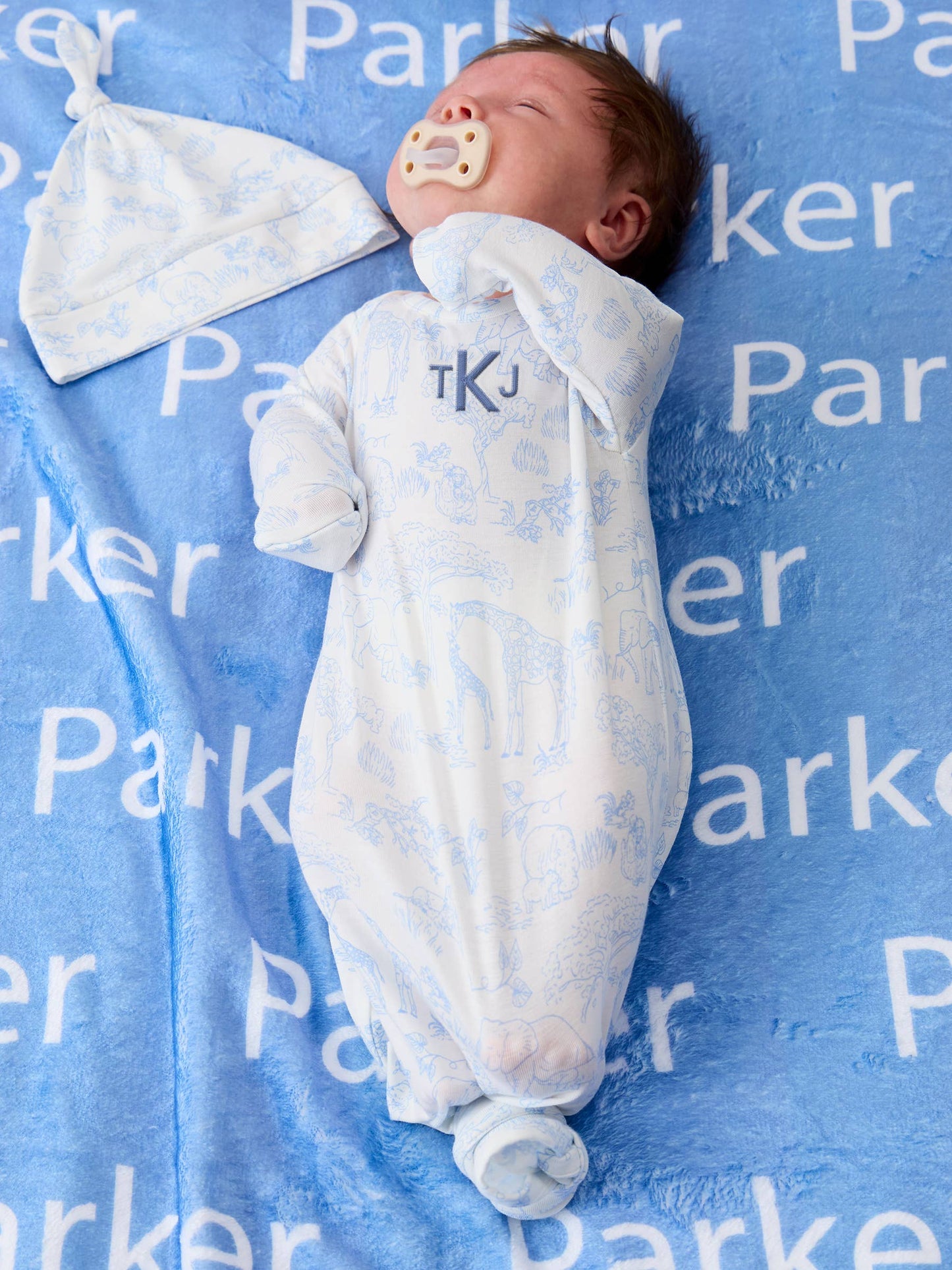 SoftSnooze™ Baby Cotton Modal Periwinkle Blue Safari Toile Knotted Sleep Gown & Hat Set