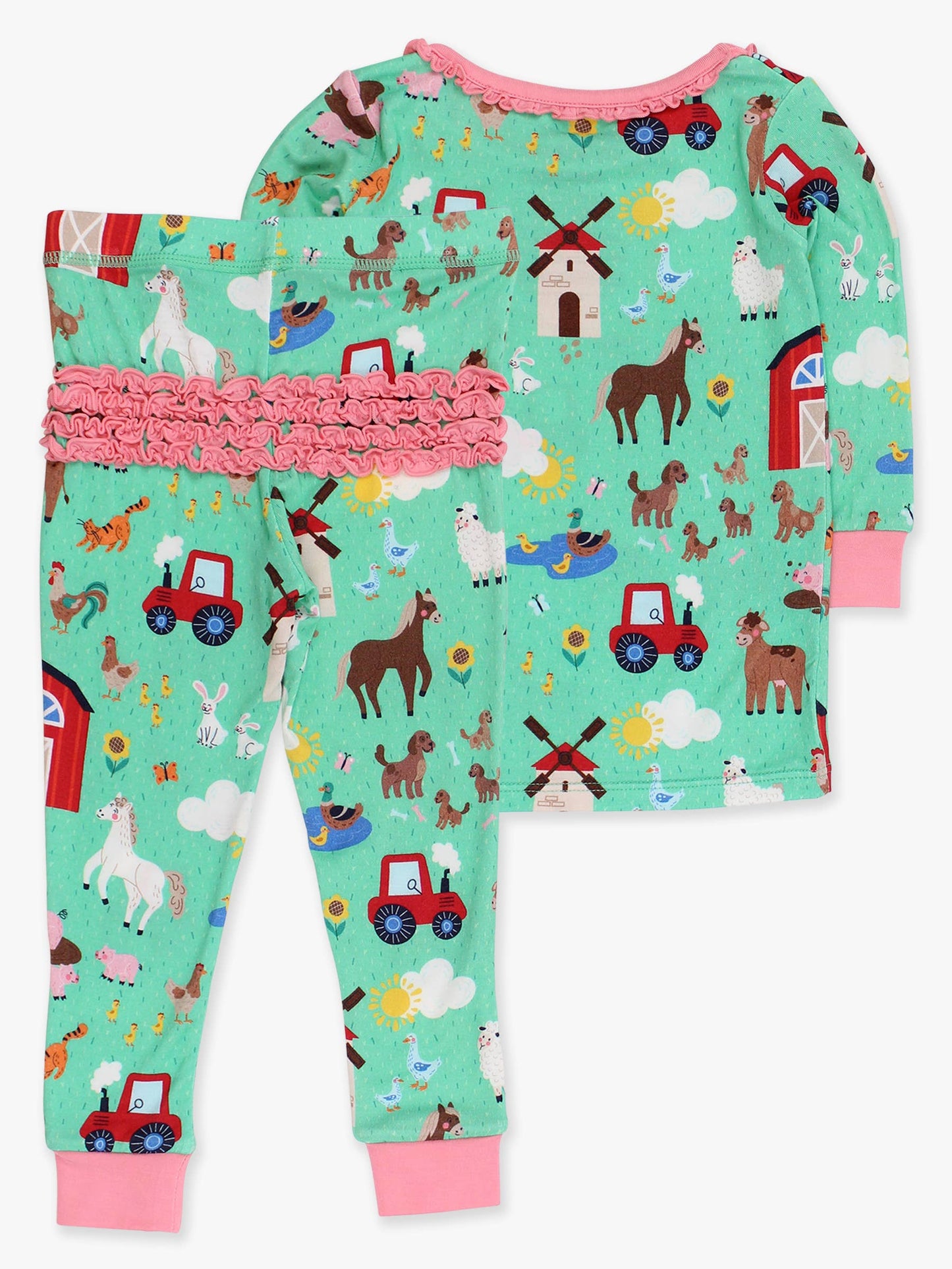 SoftSnooze™ Toddler Girls Bamboo Viscose Farm Friends Ruffle Long Sleeve Pajama Set with Signature Rear Ruffles