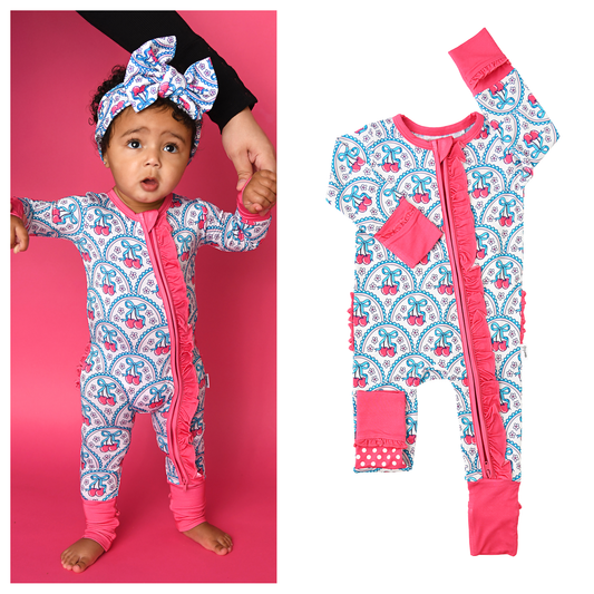 Cherry RUFFLE ZIP Bamboo One Piece Cherry Baby Outfit
