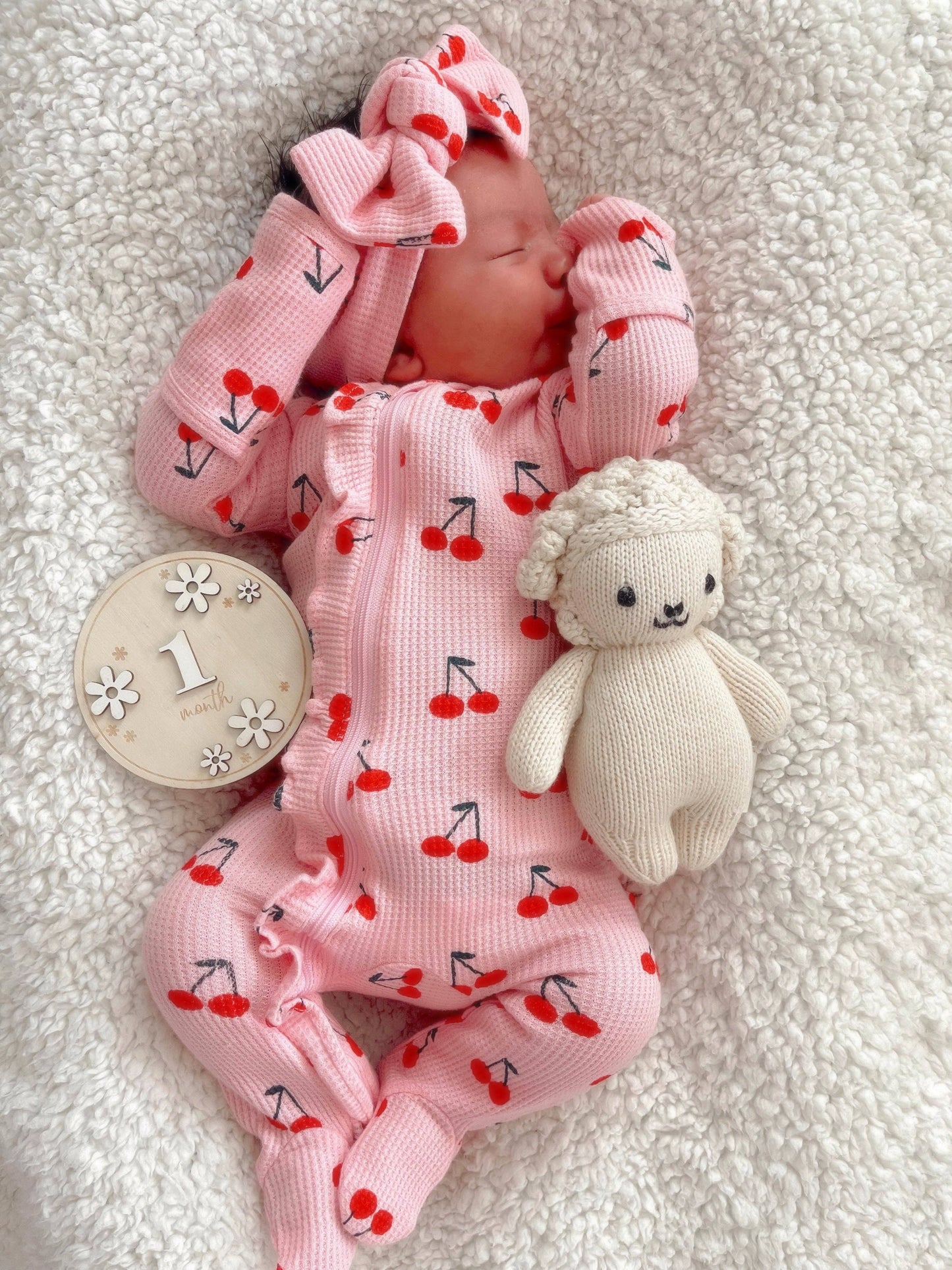 Organic Waffle 2-Way Zip Ruffle Footie, Pink Cherries
