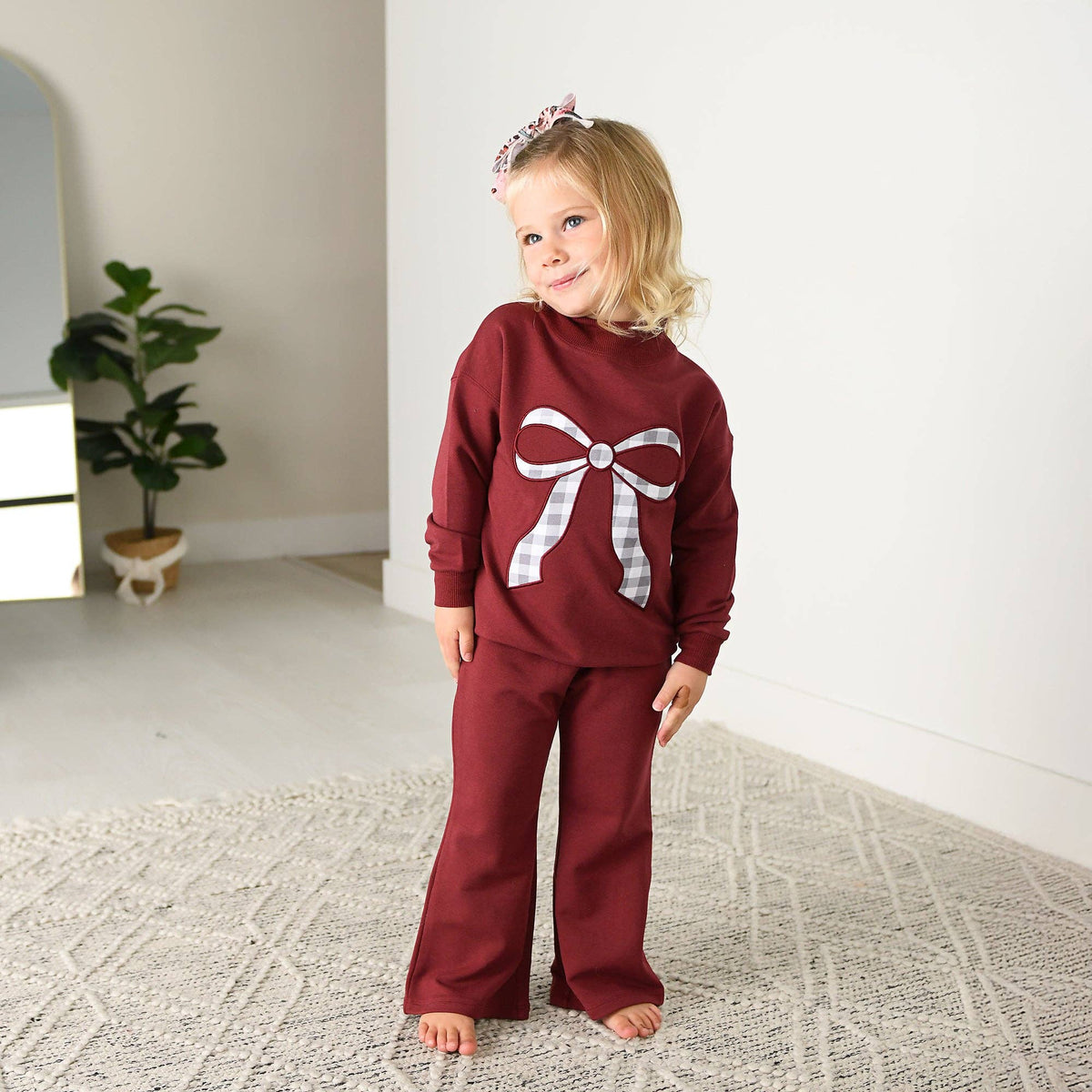 Maroon MOCKNECK FLARE SWEATSUIT Gingham Bow Kids Set