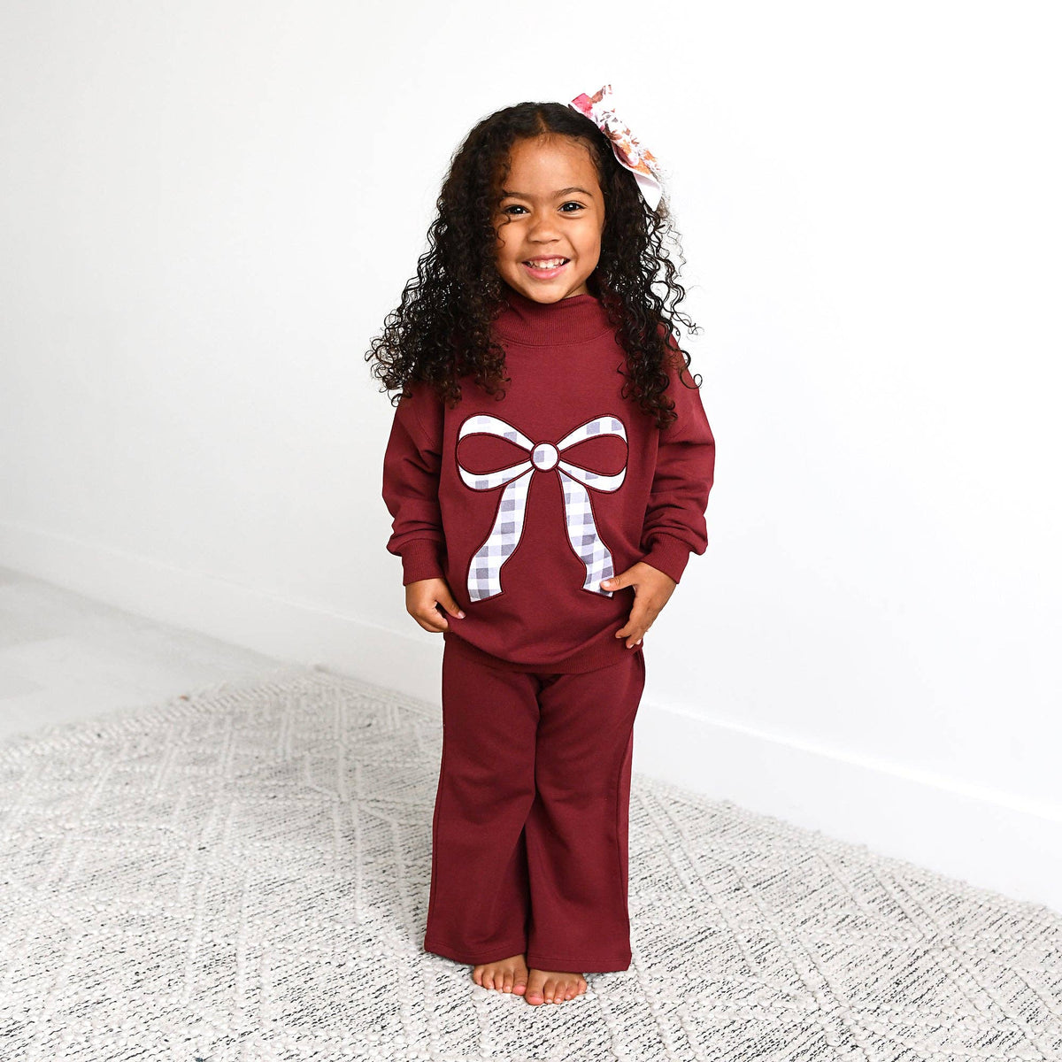 Maroon MOCKNECK FLARE SWEATSUIT Gingham Bow Kids Set