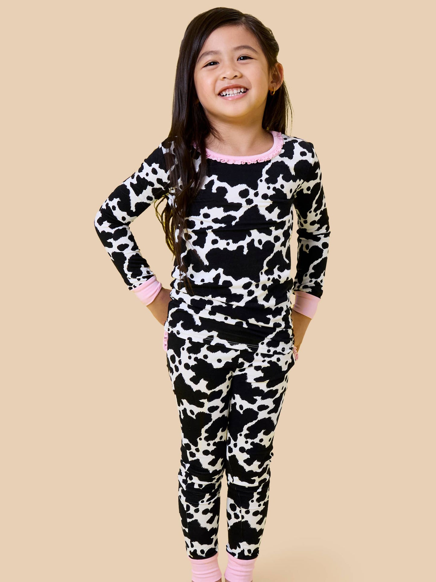 SoftSnooze™ Toddler Girls Bamboo Viscose Moo Crew Ruffle Long Sleeve Pajama Set with Signature Rear Ruffles