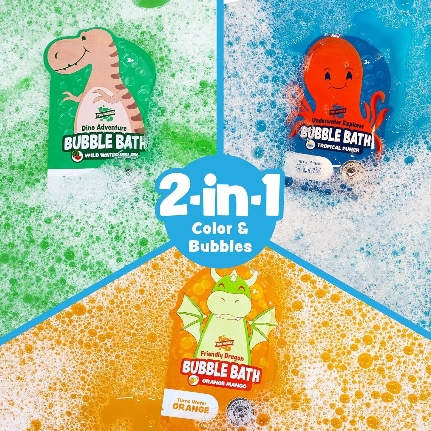 Tub Works® Magical Kids Bubble Bath, PaGreen, Blue & Orange Bath Colors