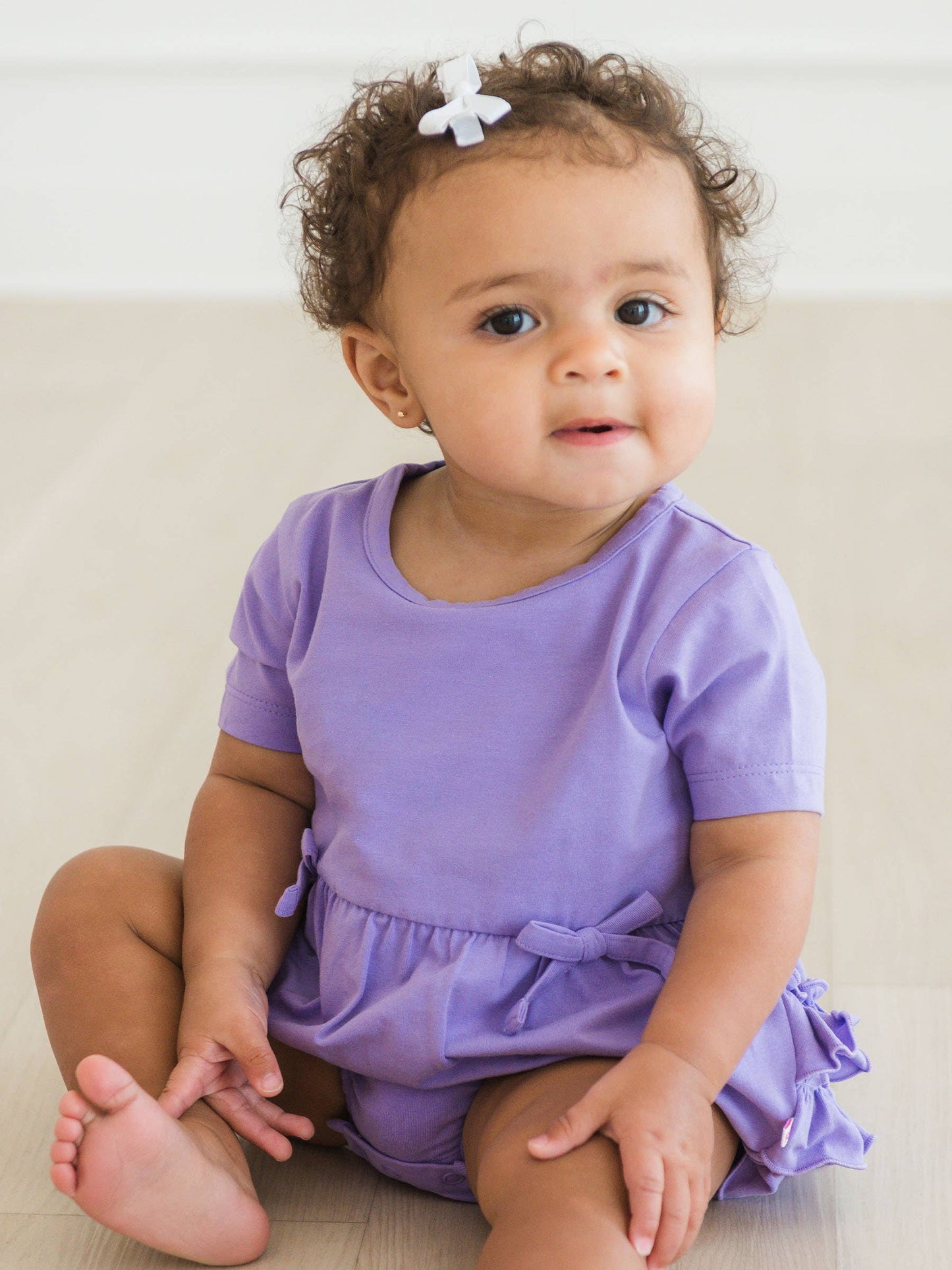 Baby Girls Wisteria Purple Knit Short Sleeve Bow Bubble Romper
