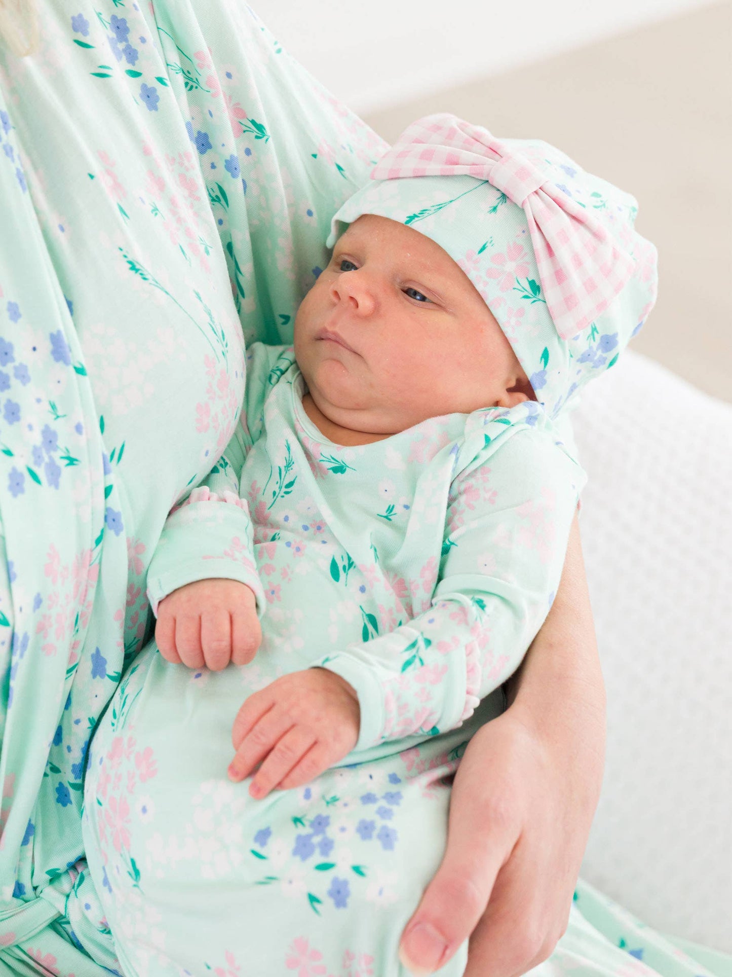 SoftSnooze™ Baby Girls Bamboo Viscose Mint Meadow Ruffle Knotted Sleep Gown & Bow Hat Set