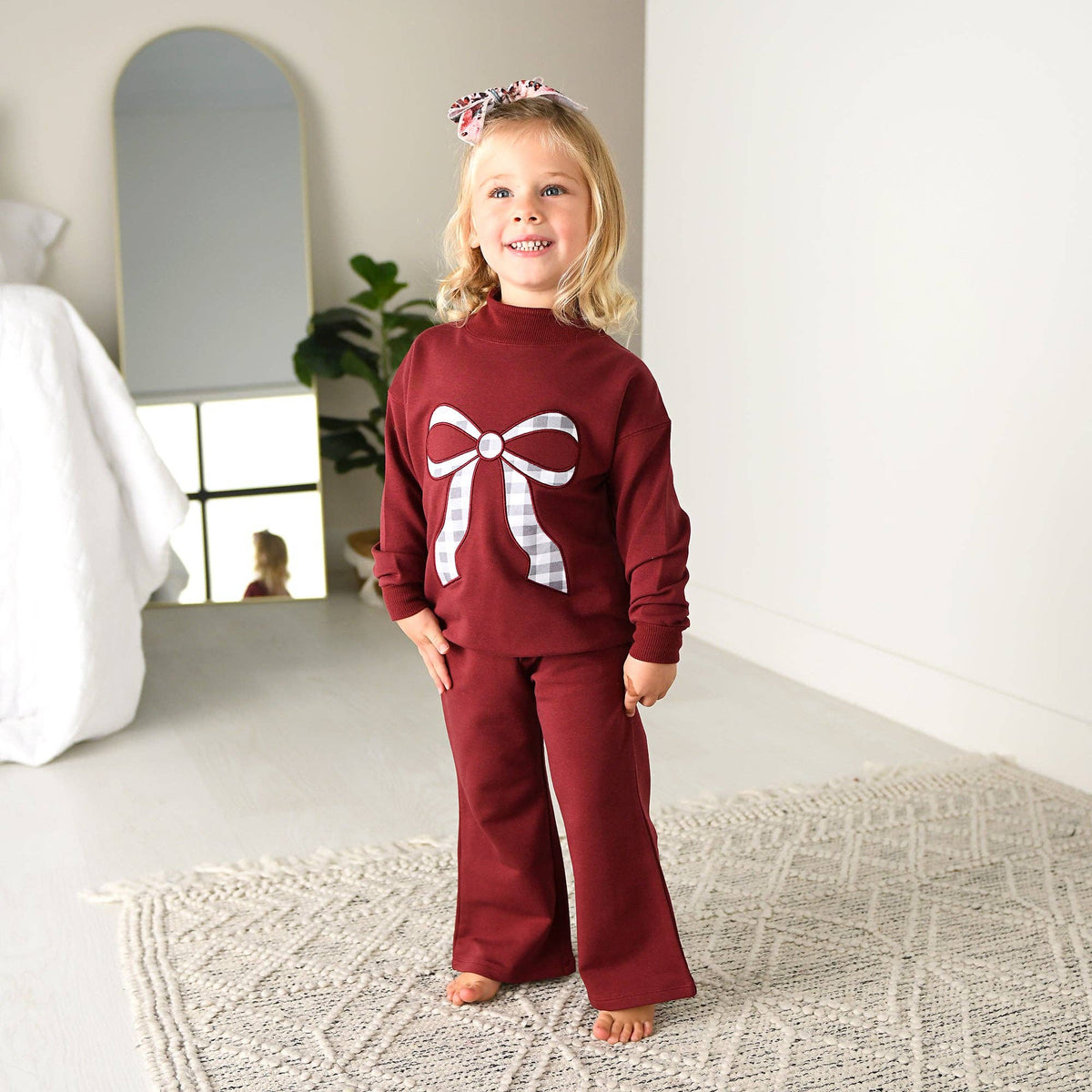 Maroon MOCKNECK FLARE SWEATSUIT Gingham Bow Kids Set
