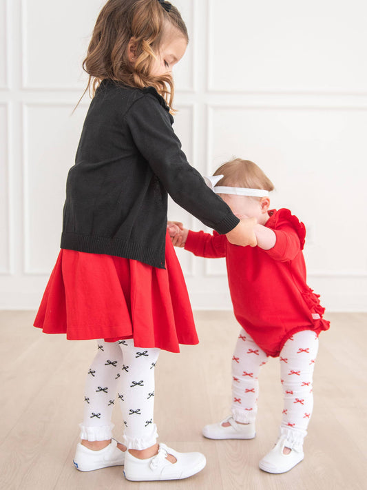 Girls Black Bows Patterned Footless Ruffle Tights