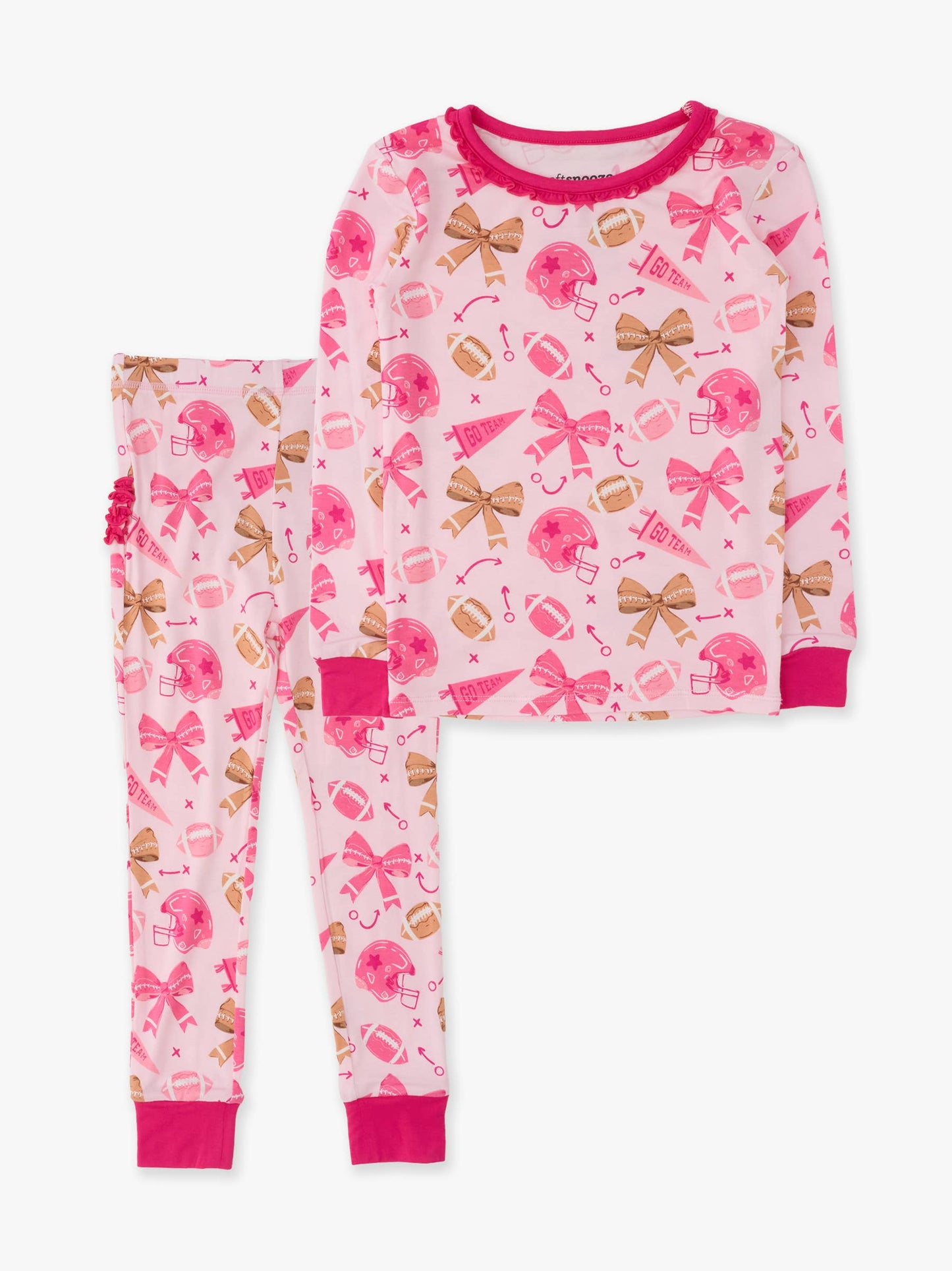 SoftSnooze™ Toddler Girls Bamboo Viscose Footballs & Bows Ruffle Long Sleeve Pajama Set with Signature Rear Ruffles