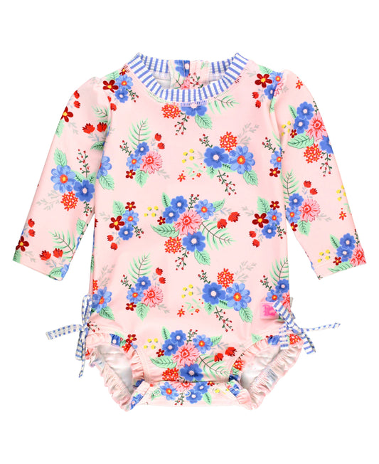 Baby Girls Coastal Breeze Floral Long Sleeve One Piece Rash Guard Swimsuit with Signature Rear Ruffles