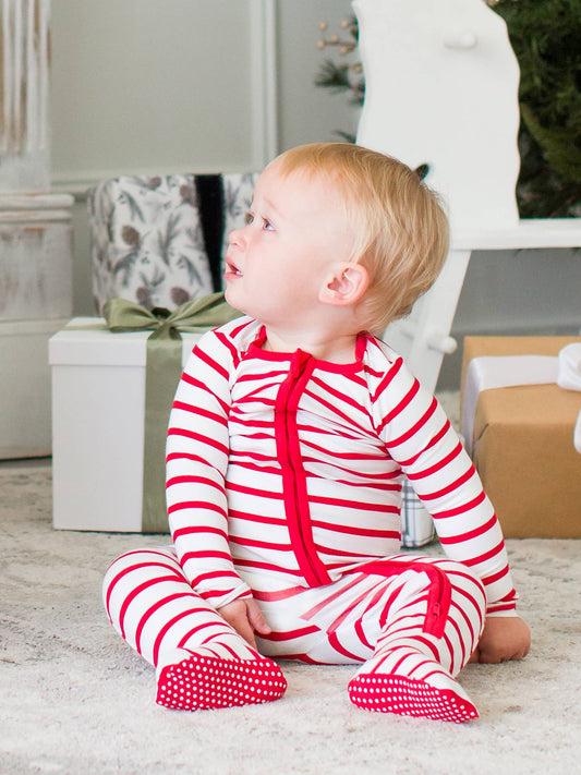 SoftSnooze™ Baby Boys Cotton Modal Red & White Stripe Footed One Piece Pajama