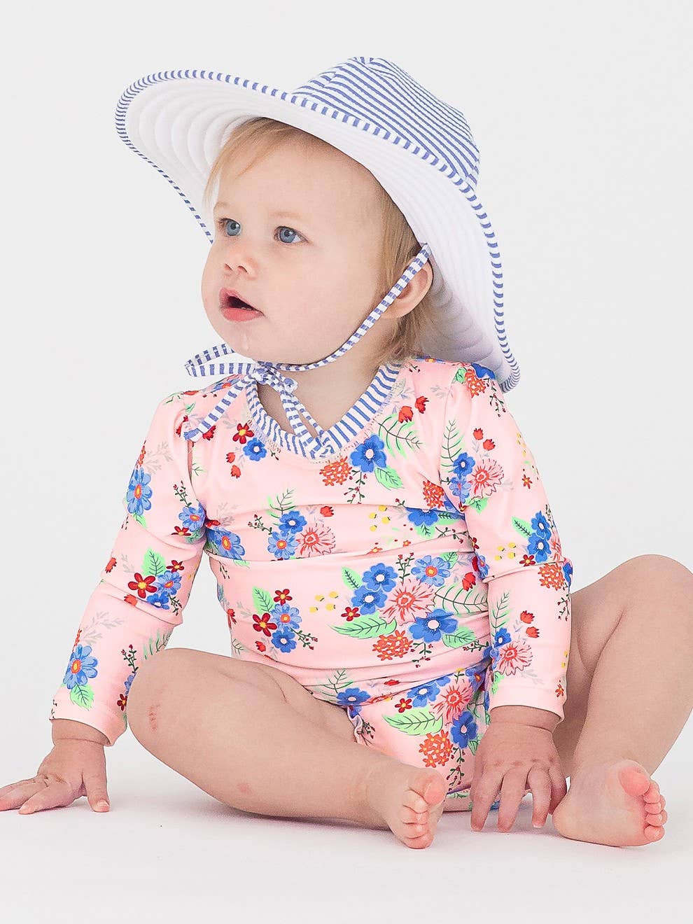 Baby Girls Coastal Breeze Floral Long Sleeve One Piece Rash Guard Swimsuit with Signature Rear Ruffles
