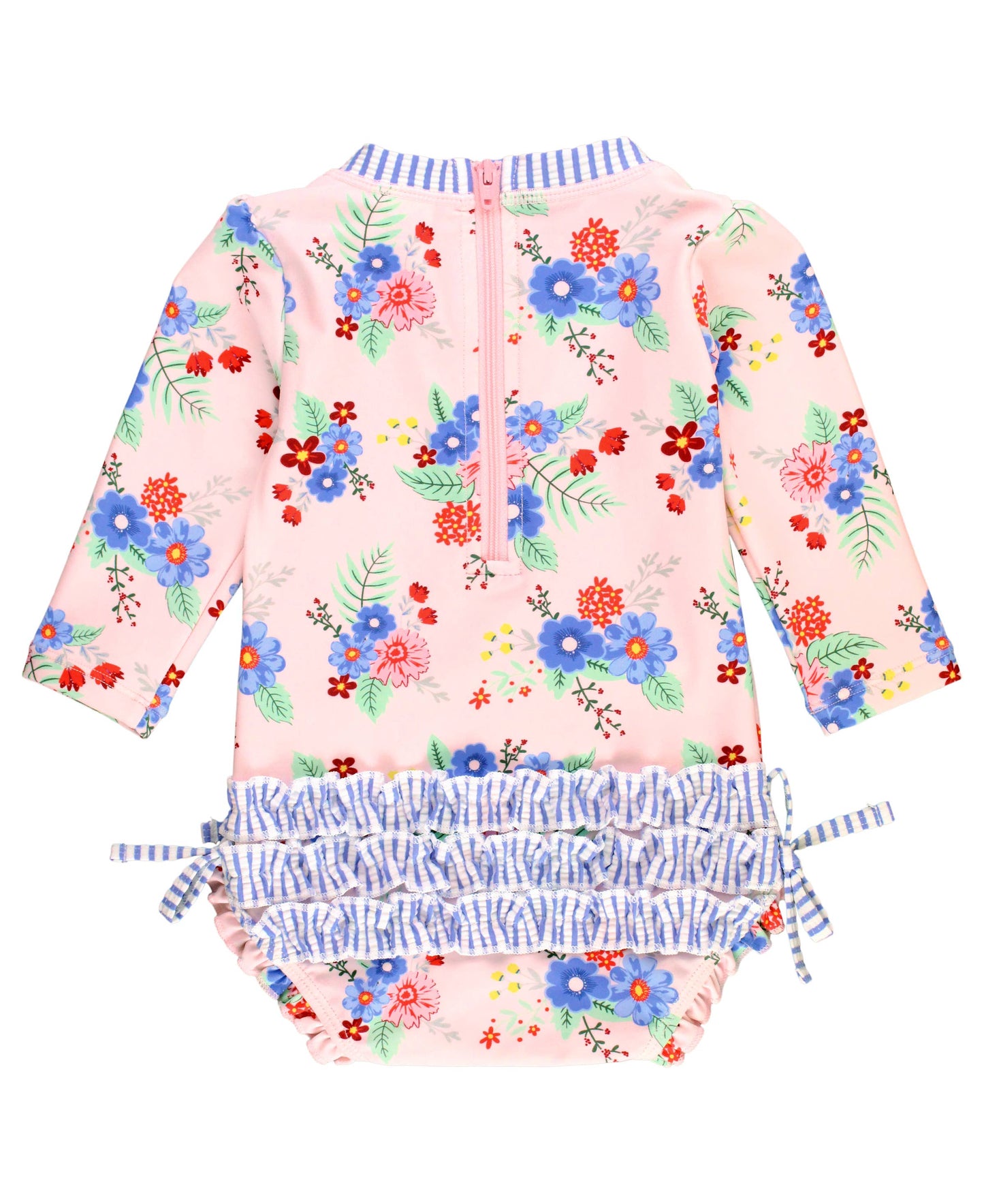 Baby Girls Coastal Breeze Floral Long Sleeve One Piece Rash Guard Swimsuit with Signature Rear Ruffles