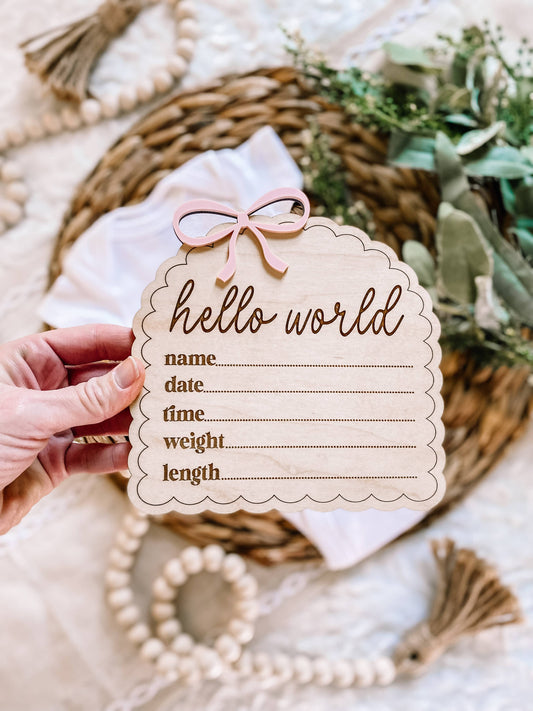 Hello World Birth Stat sign dainty bow