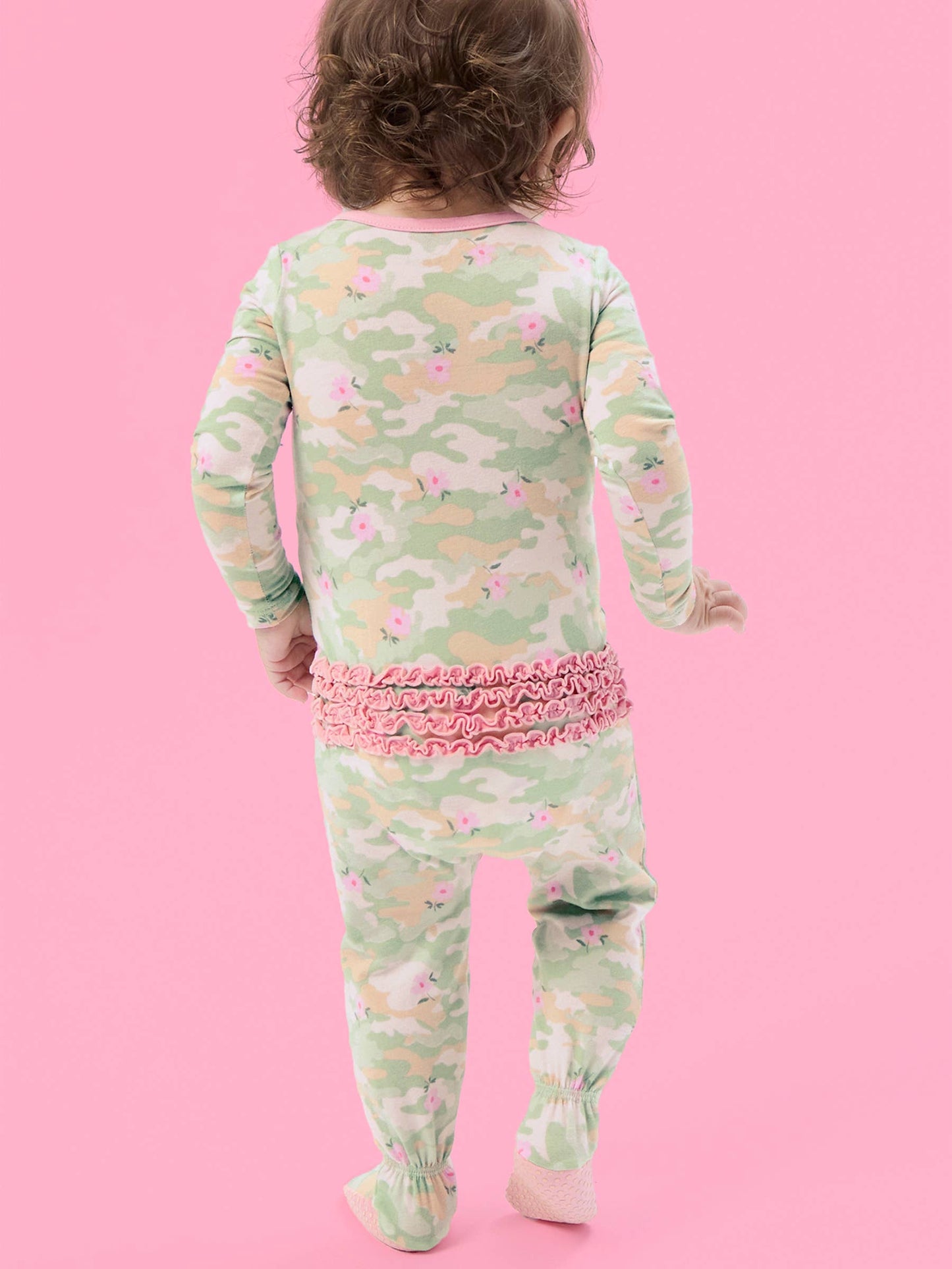 SoftSnooze™ Baby Girls Cotton Modal Sage Blossom Camo Footed Ruffle One Piece Pajama