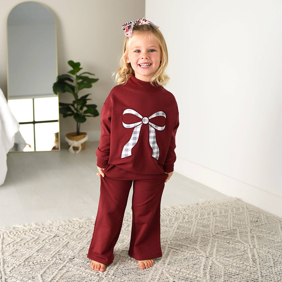 Maroon MOCKNECK FLARE SWEATSUIT Gingham Bow Kids Set