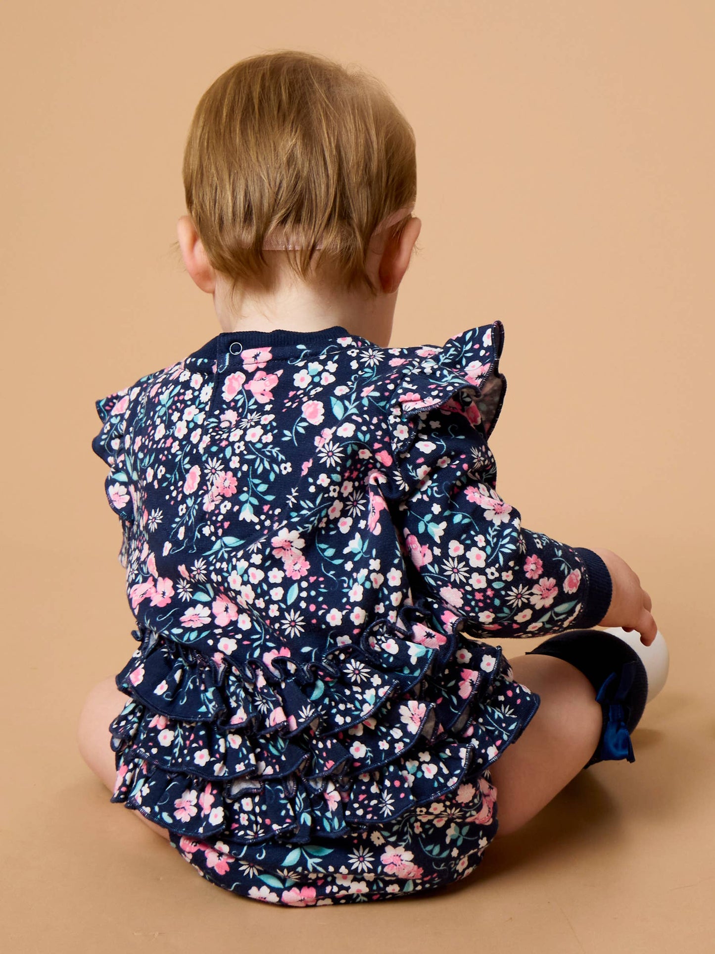 Baby Girls Moonlit Meadow Sweatshirt Bubble Romper with Signature Rear Ruffles