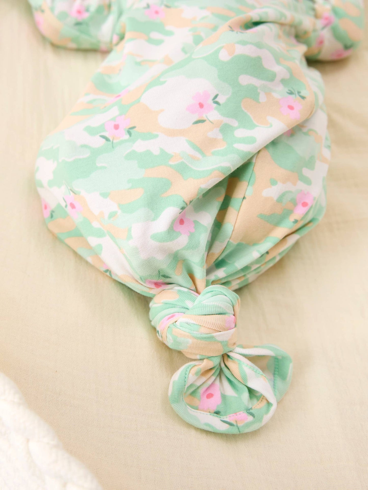 SoftSnooze™ Baby Girls Cotton Modal Sage Blossom Camo Ruffle Knotted Sleep Gown & Bow Hat Set