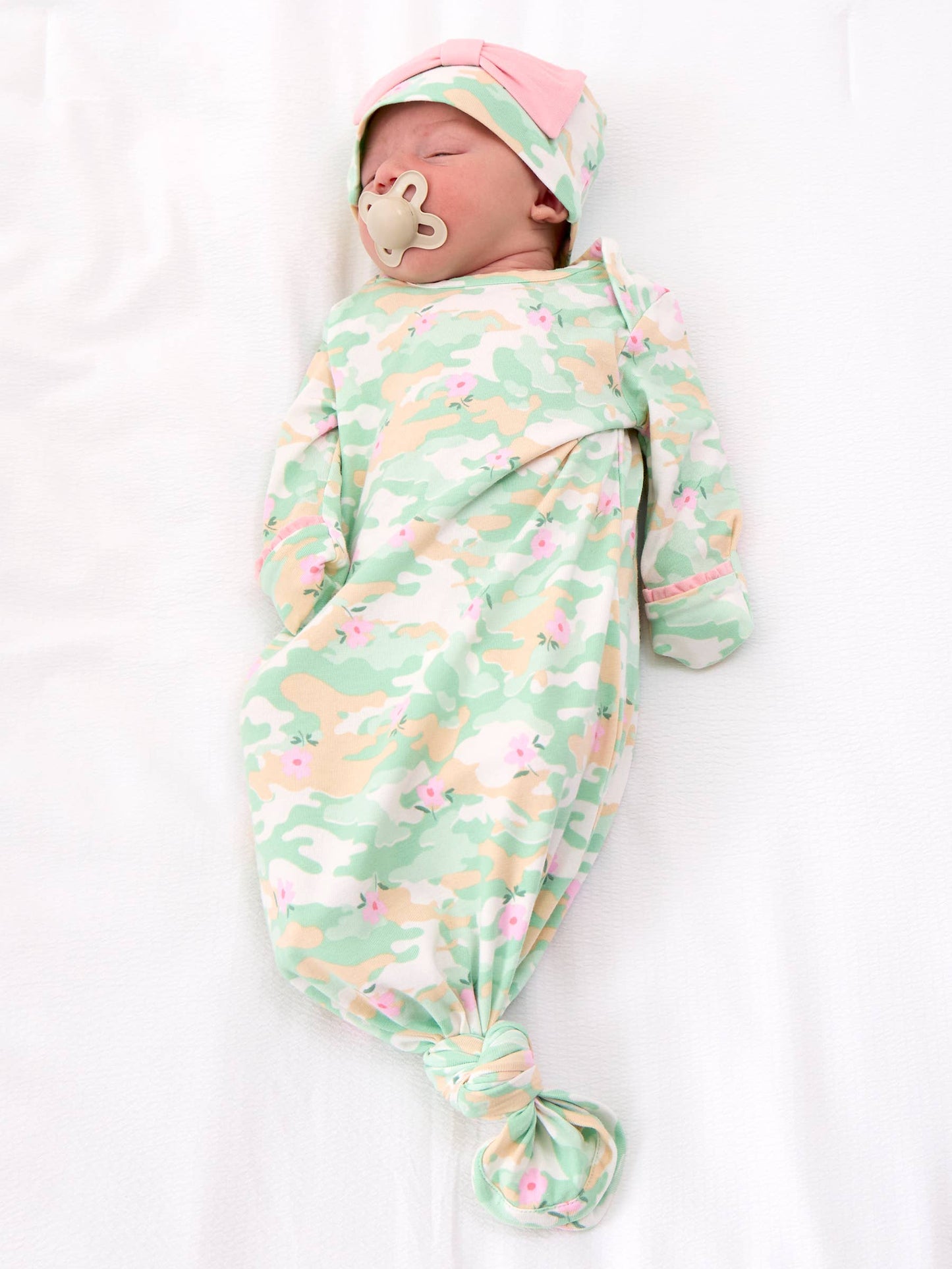SoftSnooze™ Baby Girls Cotton Modal Sage Blossom Camo Ruffle Knotted Sleep Gown & Bow Hat Set