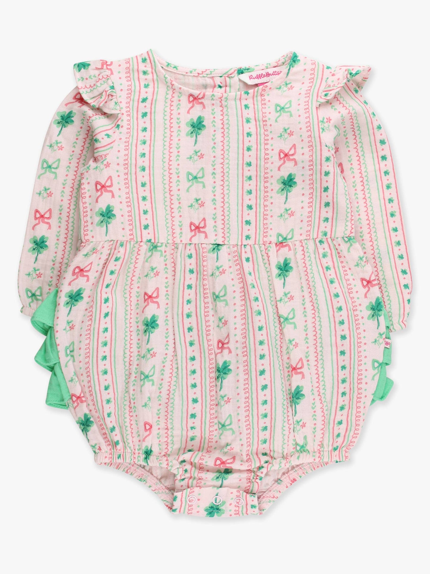 Baby Girls Clover Bows & Wishes Cotton Gauze Long Sleeve Flutter Bubble Romper