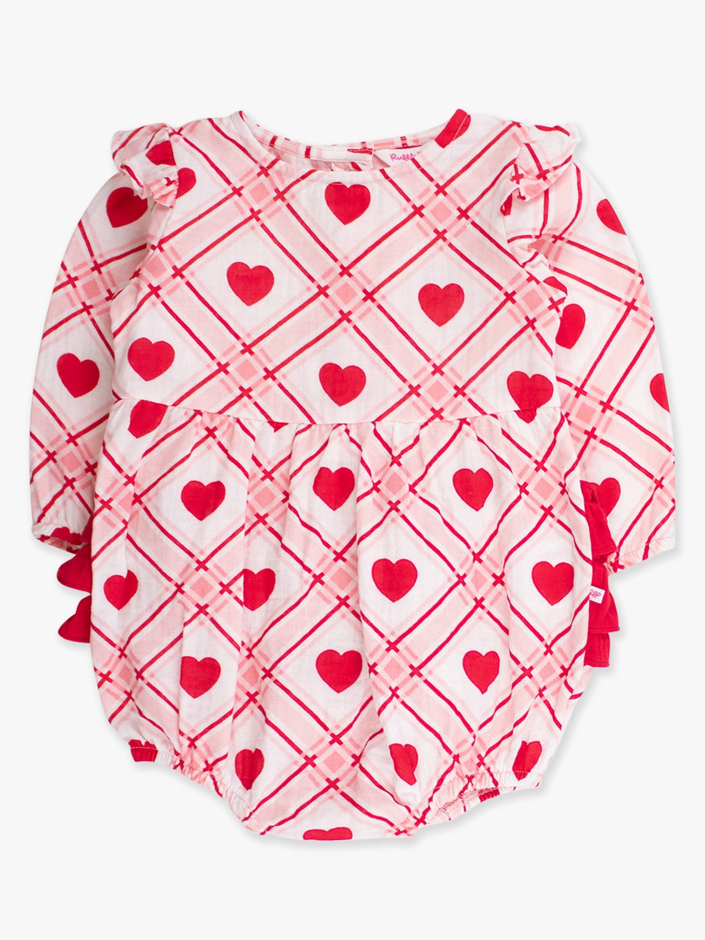 Baby Girls Pink Sweetheart Plaid Cotton Gauze Long Sleeve Flutter Bubble Romper
