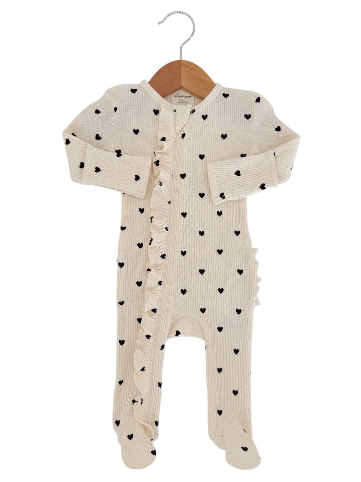 Organic Waffle 2-Way Zip Ruffle Footie, Black Heart