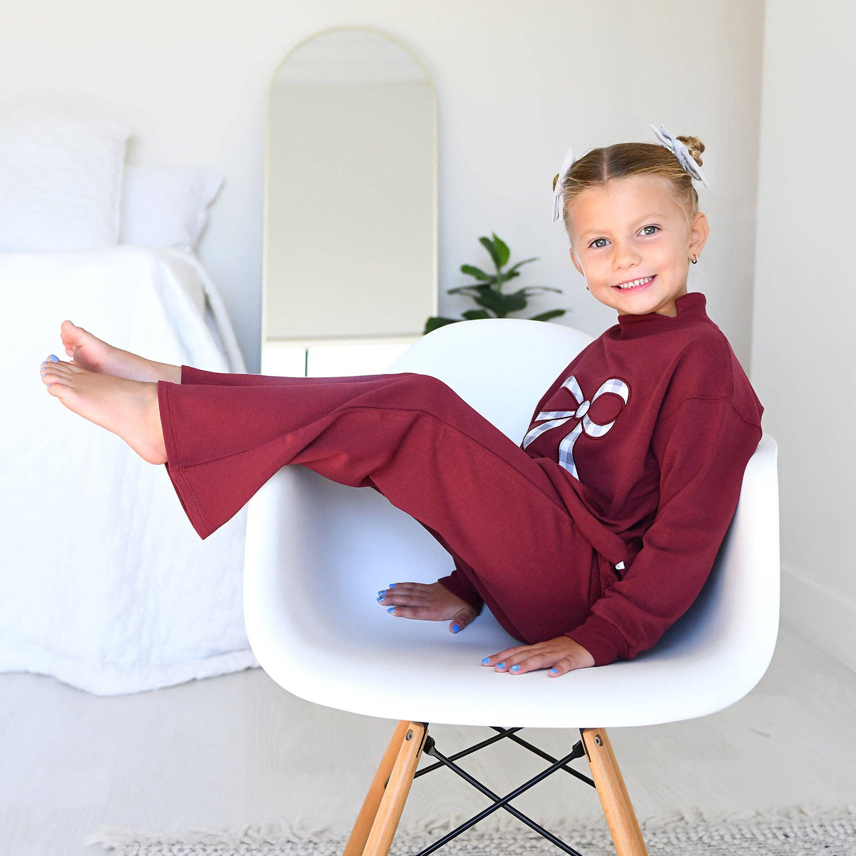 Maroon MOCKNECK FLARE SWEATSUIT Gingham Bow Kids Set