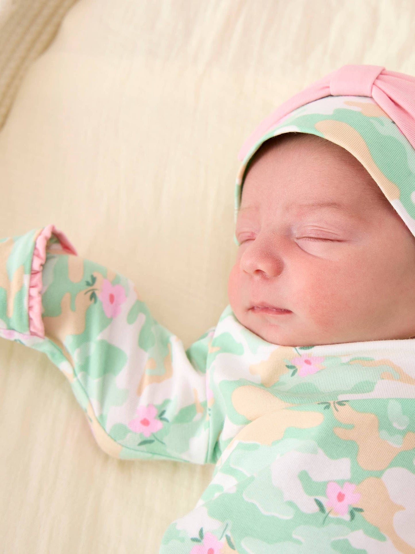 SoftSnooze™ Baby Girls Cotton Modal Sage Blossom Camo Ruffle Knotted Sleep Gown & Bow Hat Set