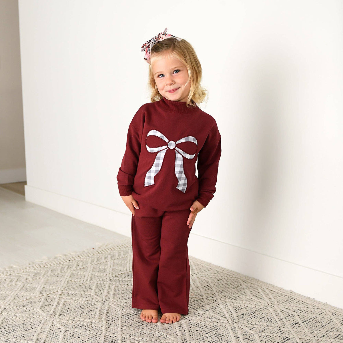 Maroon MOCKNECK FLARE SWEATSUIT Gingham Bow Kids Set