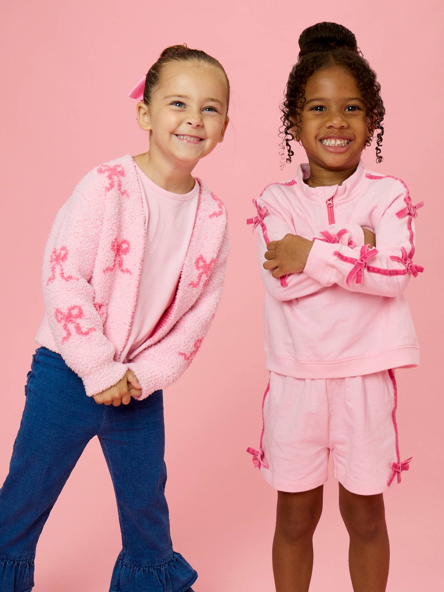 Girls Pink Fleece Bow Quarter Zip & Shorts Set