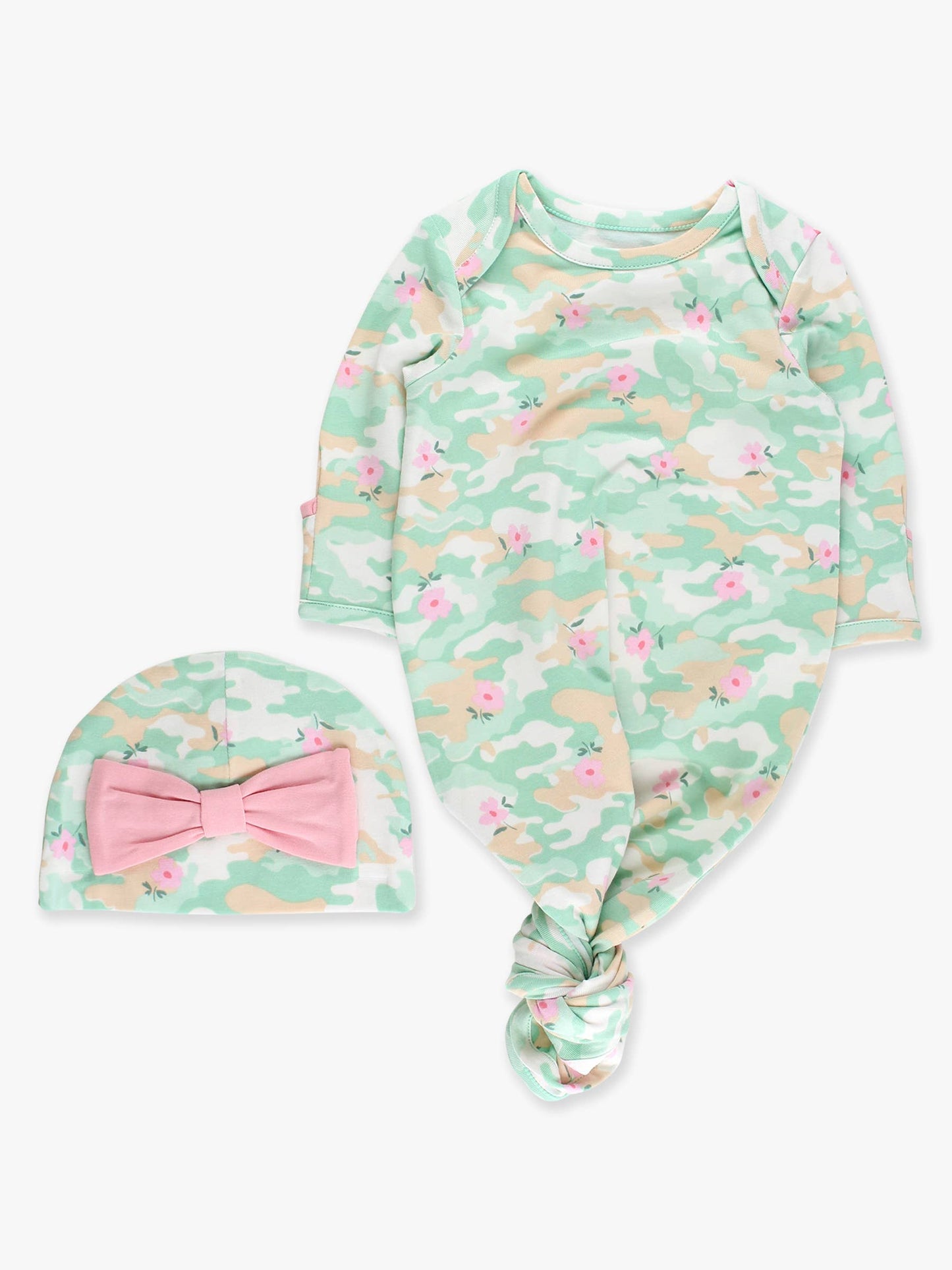 SoftSnooze™ Baby Girls Cotton Modal Sage Blossom Camo Ruffle Knotted Sleep Gown & Bow Hat Set