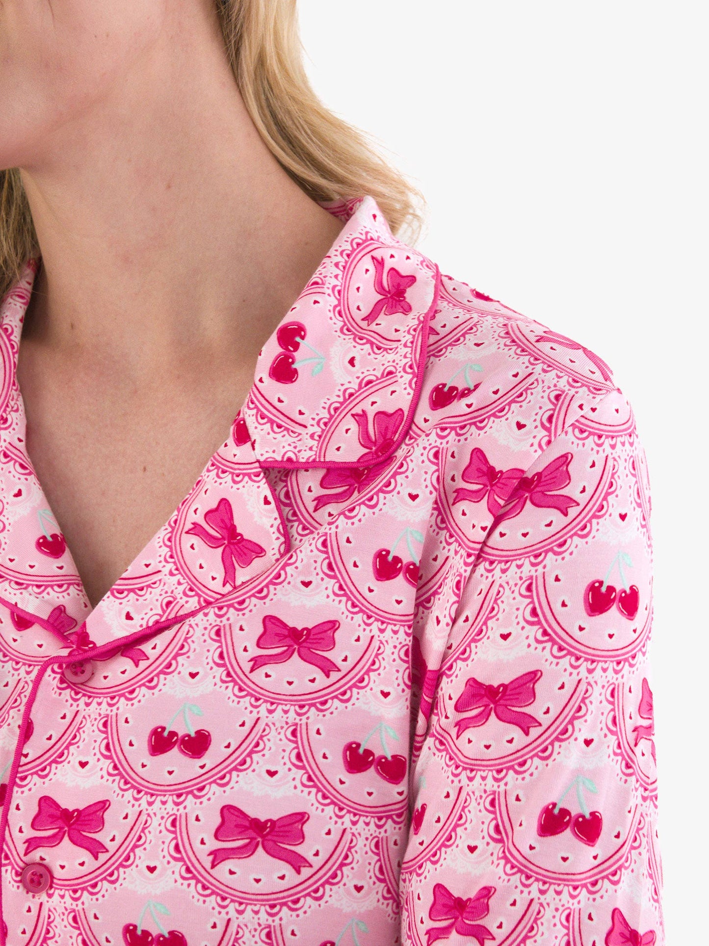 SoftSnooze™ Women's Bamboo Viscose Love You Cherry Much Long Sleeve Button Up Ruffle Flare Pajama Set